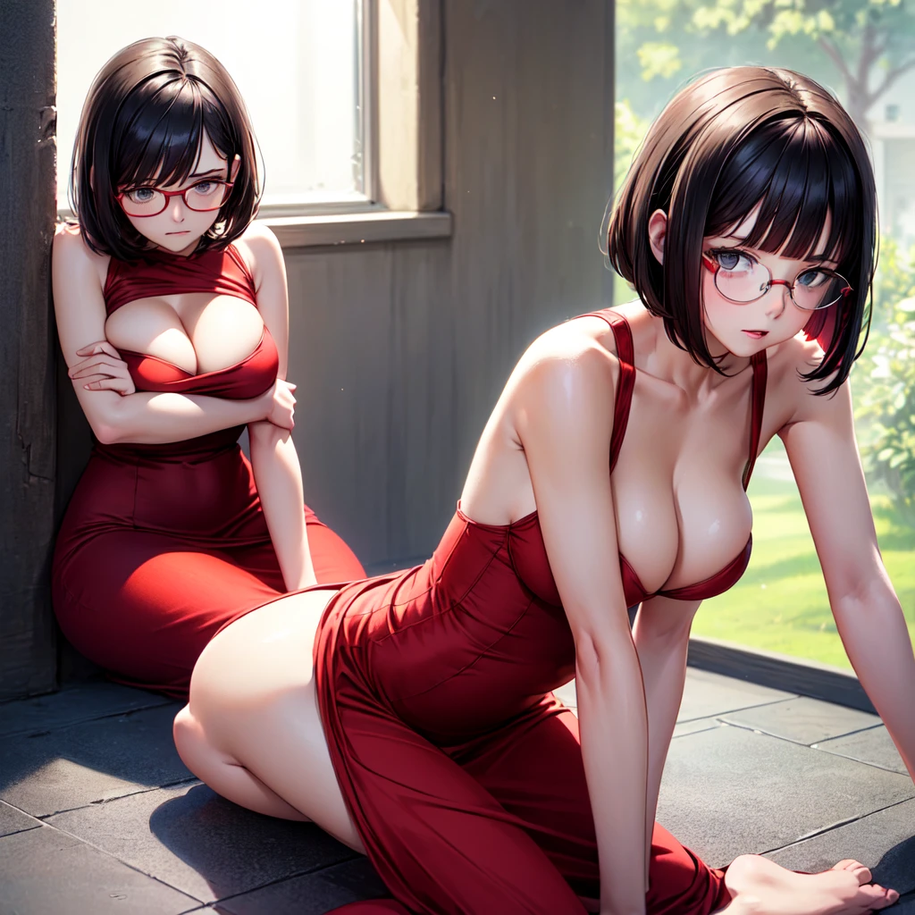 (Top Quality, Excellent Drawing),((Wearing a red dress)),((Middle Bob Black Hair)),(Sitting on the floor leaning forward),((Hiding breasts with right arm)),((Hiding crotch with left hand)), Wobbly dress, Face reddened from humiliation, Tight gaze, Round glasses, Dimming lights, Quiet space