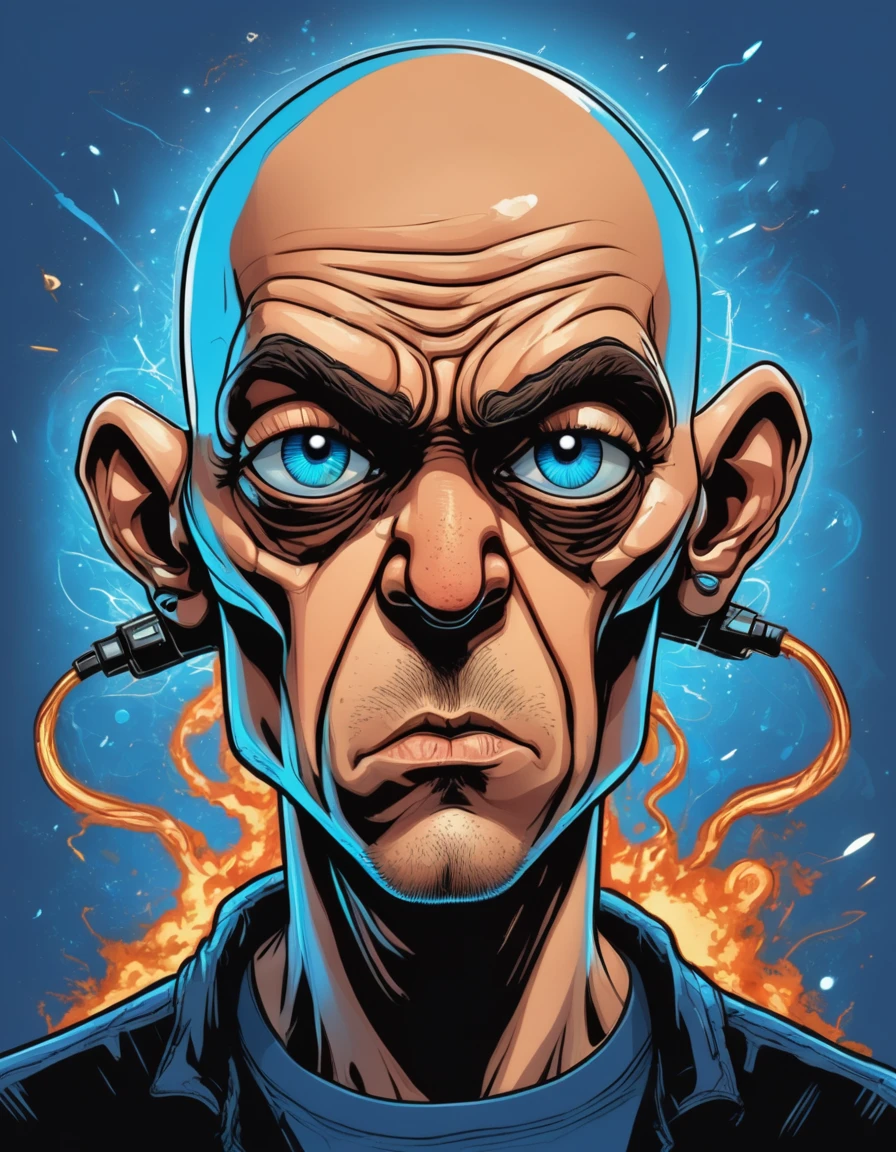 breathtaking vector cartoon illustration of shawt Anastomosing, Electric Blue, galactic, Ivan Albright, Sick, mean expression, twinkling eyes, and a bald head 