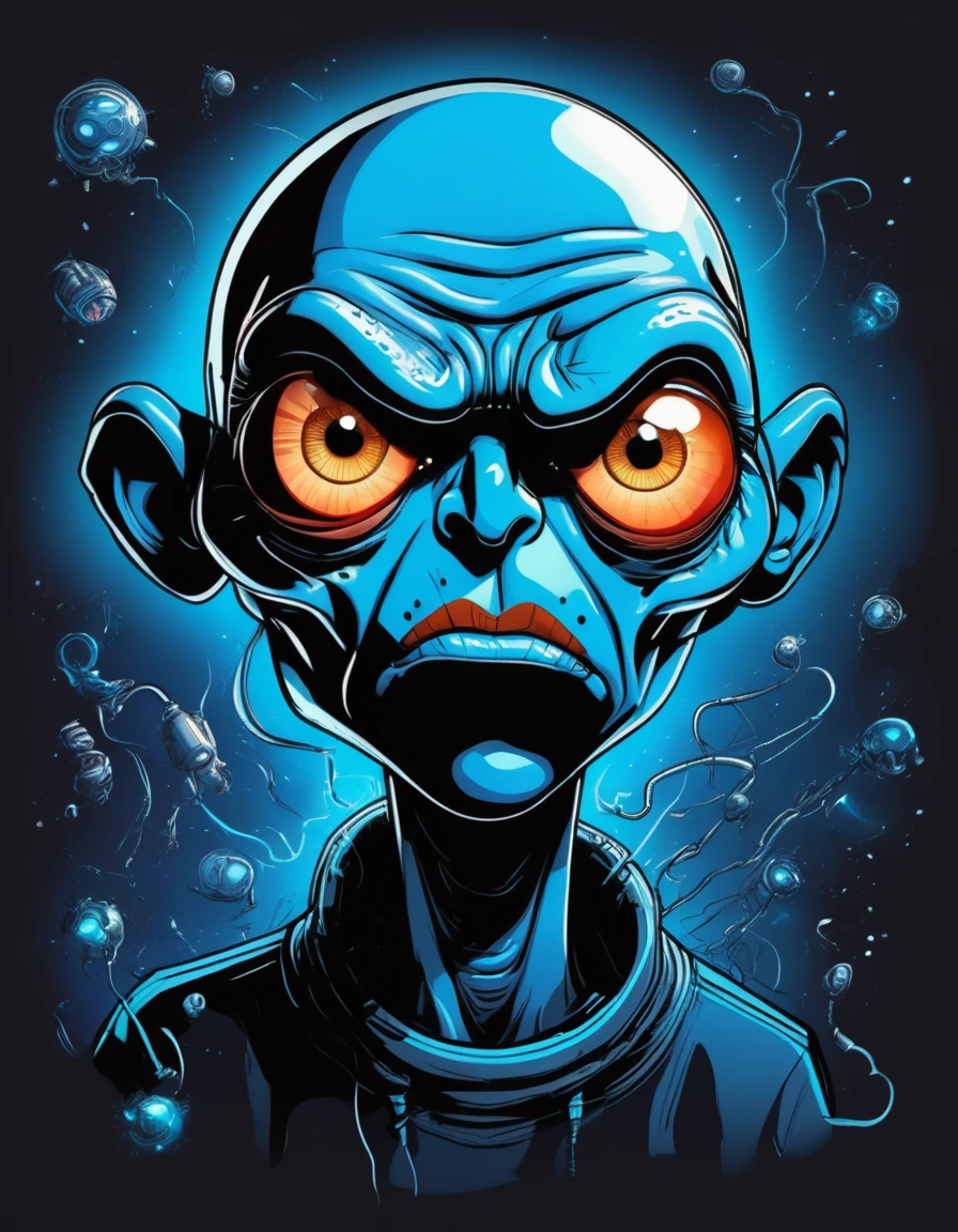 breathtaking vector cartoon illustration of shawt Anastomosing, Electric Blue, galactic, Ivan Albright, Sick, mean expression, twinkling eyes, and a bald head