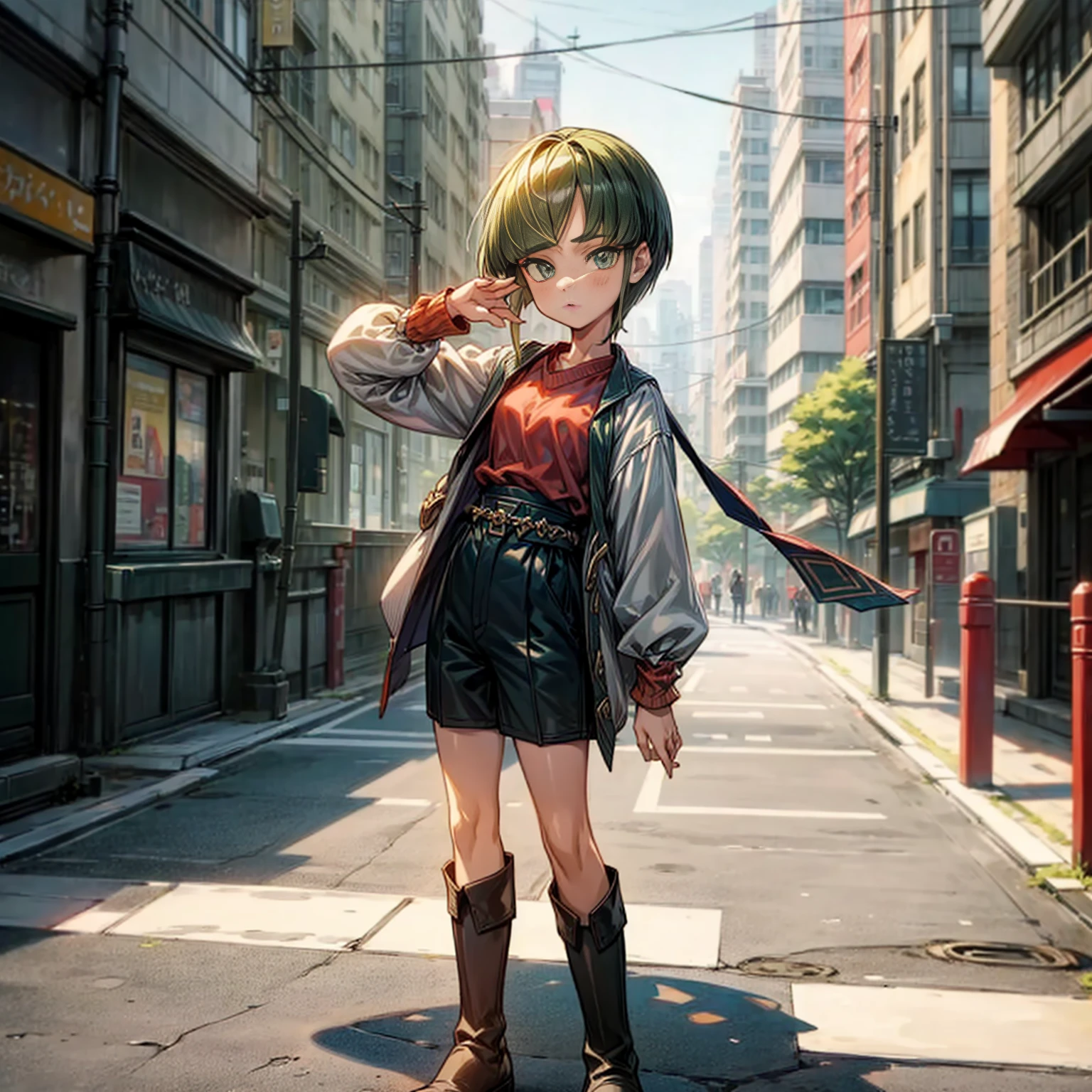 1children girl, Full body version, 1character, green eyes, short haircut, green color hair, casual style clothing, red colour clothing, boots, Grassroots, background in city street, motion blur, (detective conan style art), standing gesture, cute face