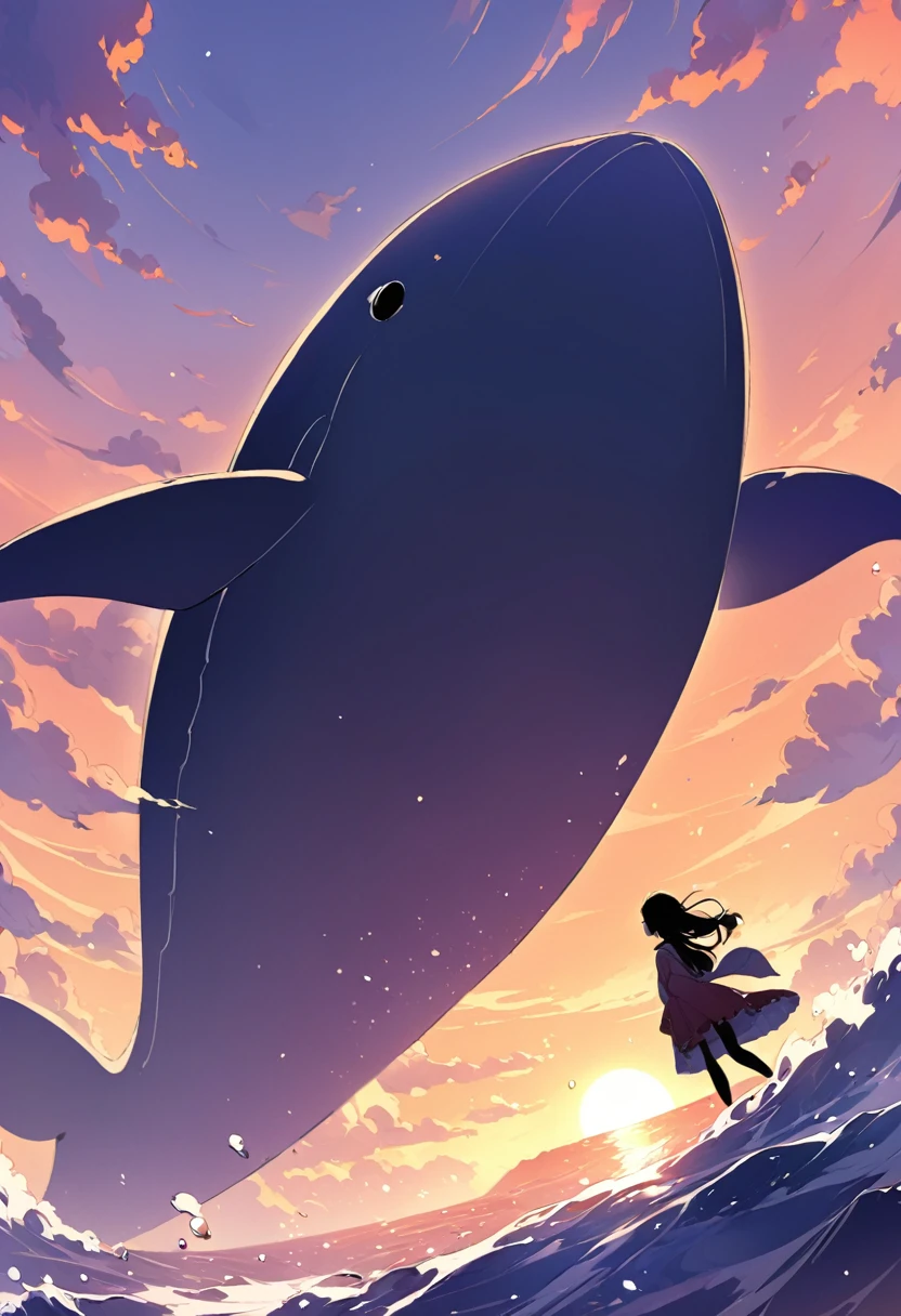 A flying whale gracefully flies against the backdrop of a sunset sky。The silhouette of a whale swimming among the clouds is shining in the setting sun。In the background、orange、pink、Purple gradation spreads、Creates a fantastic atmosphere。
