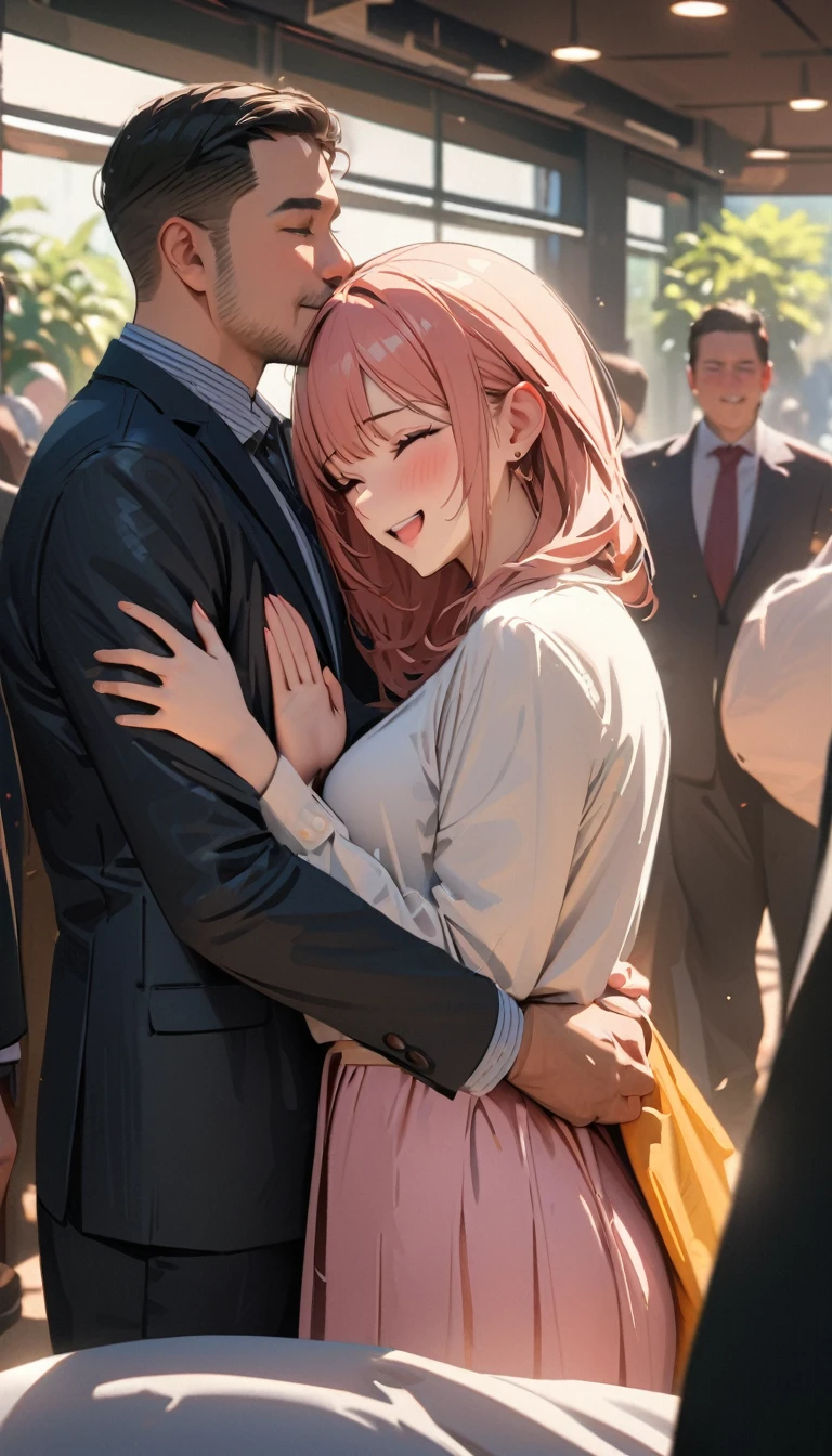 masterpiece , modern, Verism, masterpiece, super detail, best quality, 4K , Couple of men and women embracing each other, Happy atmosphere, Being blessed by those around you ,indoor
