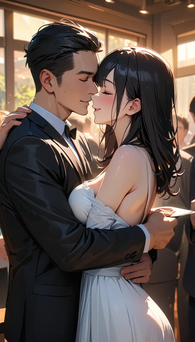masterpiece , modern, Verism, masterpiece, super detail, best quality, 4K , Couple of men and women embracing each other, Happy atmosphere, Being blessed by those around you ,indoor
