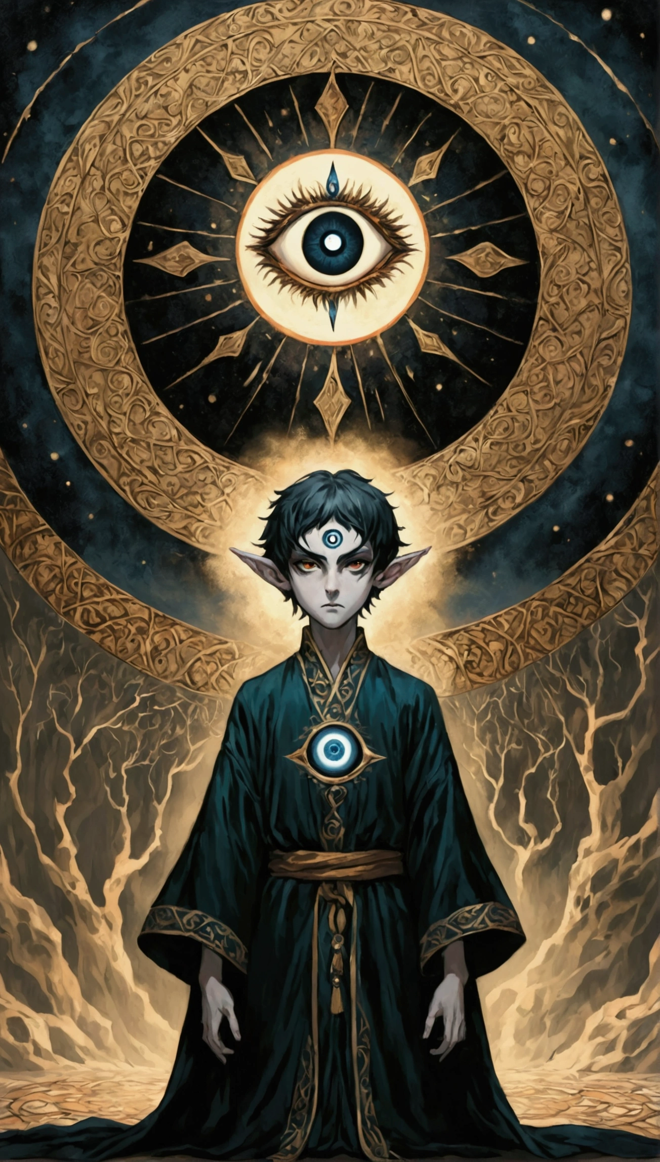 Short hair boy, Solitary, The third eye on the forehead, Elf ears, Robes with eye patterns and dark colors, full-body shot, Death Stare Background, Dynamic poses