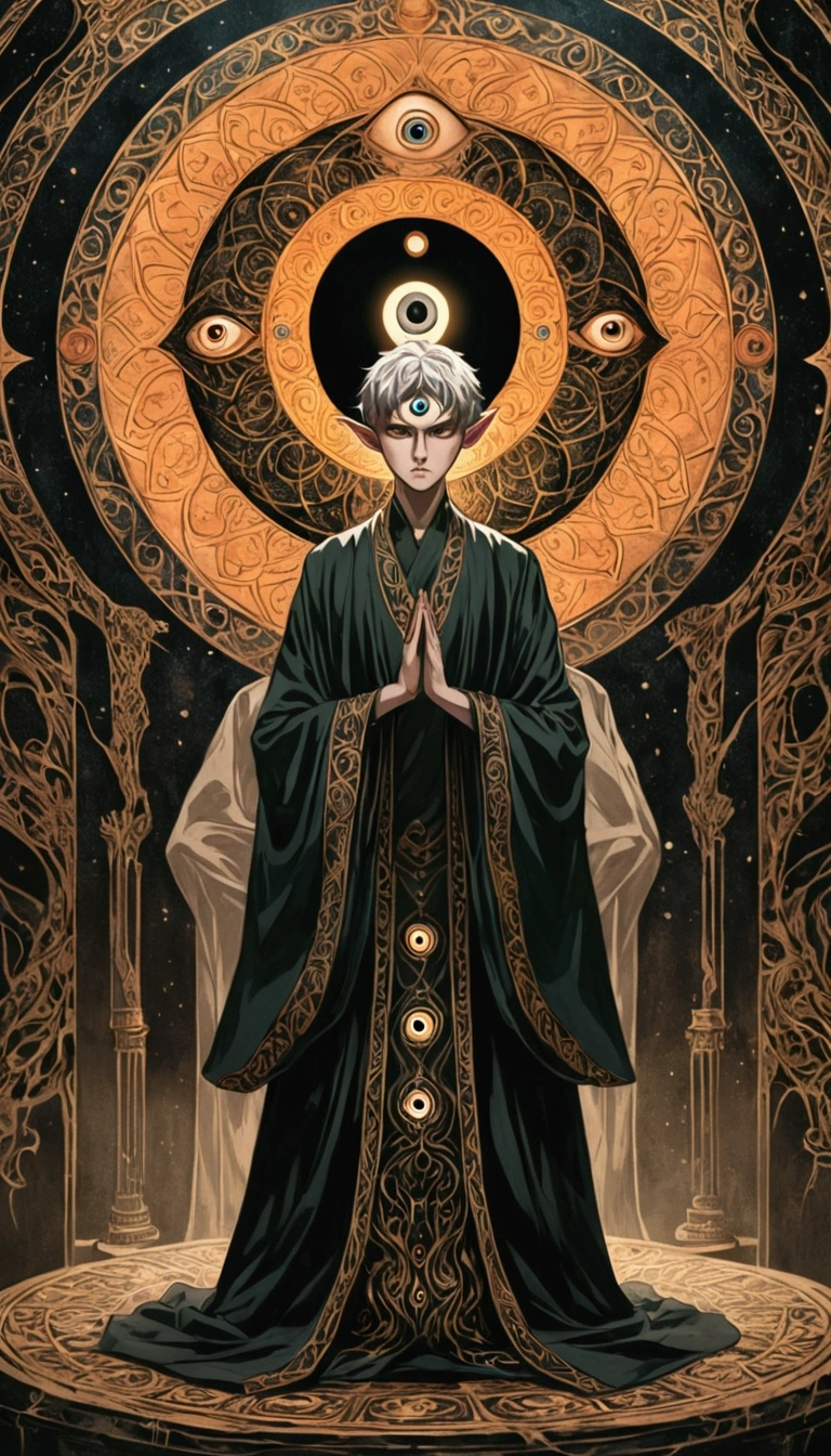 Short hair boy, Solitary, The third eye on the forehead, Elf ears, Robes with eye patterns and dark colors, full-body shot, Death Stare Background, Dynamic poses