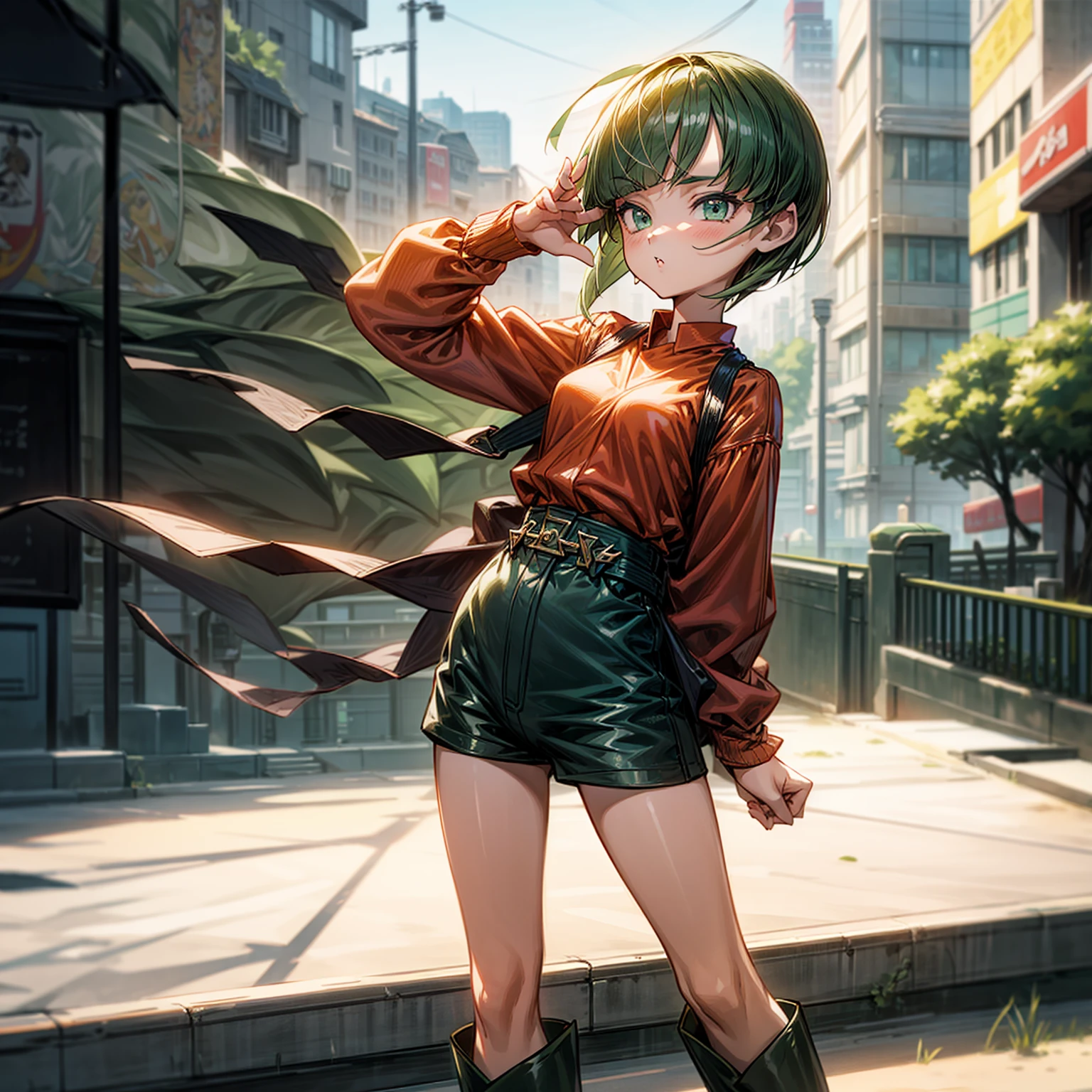1children girl, Full body version, 1character, green eyes, short haircut, green color hair, casual style clothing, red colour clothing, boots, Grassroots, background in city street, motion blur, (detective conan style art), standing gesture, cute face
