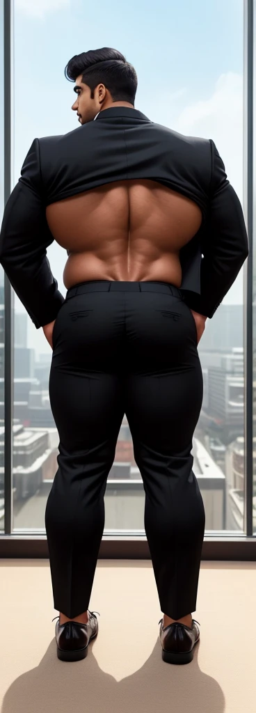 4 meter tall slightly overweight indian men. 20 years old. Childish Young hairless fresh face. In london with friend. Very sexy Posing for camera. Muscular. Wearing a tight black and office suit . Big booty boy. Smooth body and face. Belly seen. Long long legs. Bending. View from the back. Grining