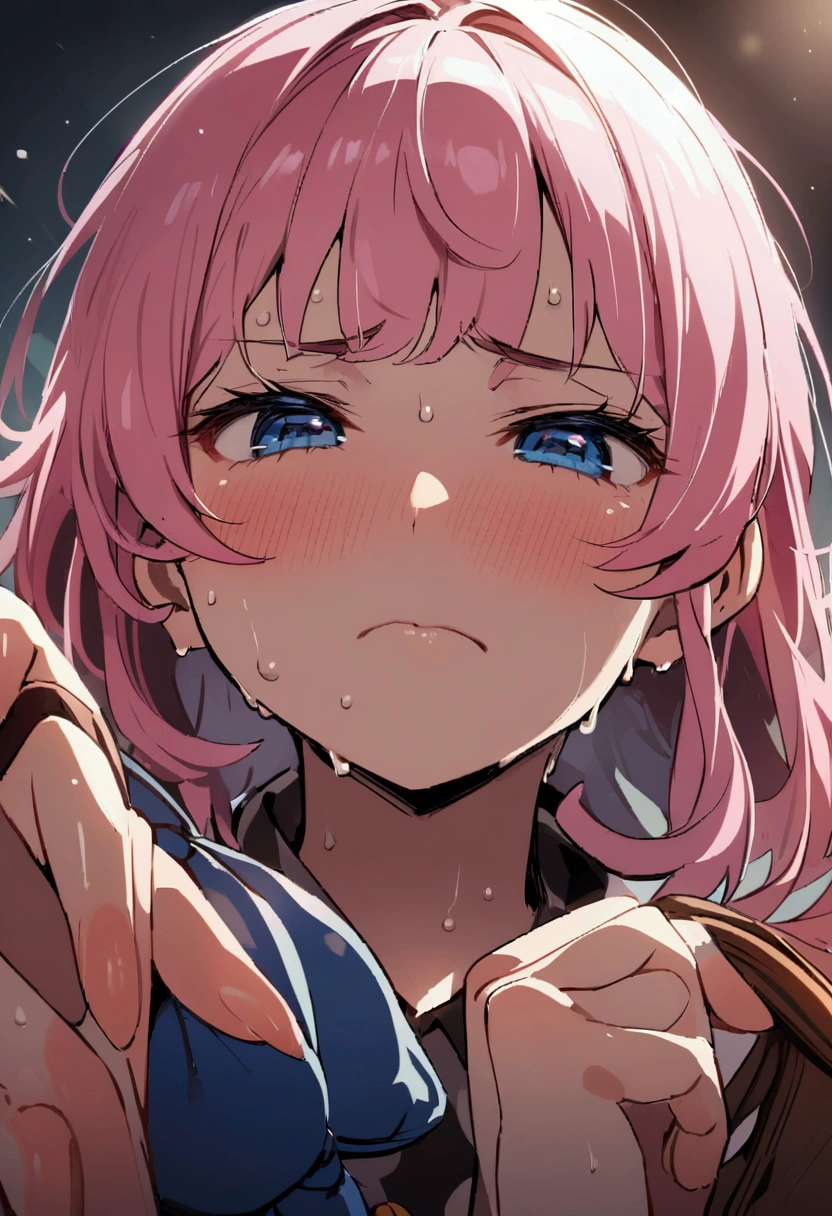 Pickled plums、sour face、Girl with pink hair、blue eyes、Purse your mouth、Sweaty、Frowning、Close your eyes tightly