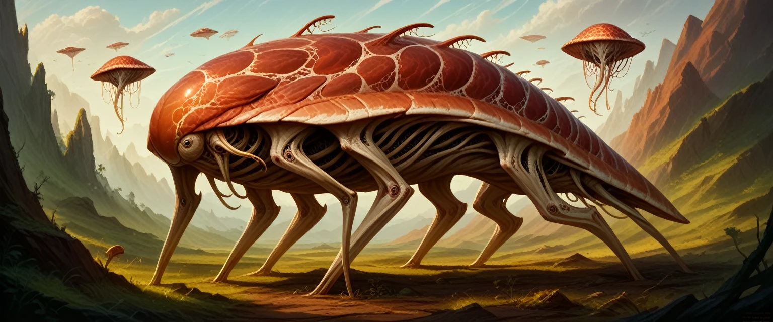 A bizarre alien grazing creature, extraterrestrial wildlife, large imaginative alien animal, detailed alien anatomy, intricate alien textures and patterns, cinematic lighting, fantasy landscape, dramatic composition, surreal color palette, highly detailed, 8K, photorealistic, masterpiece