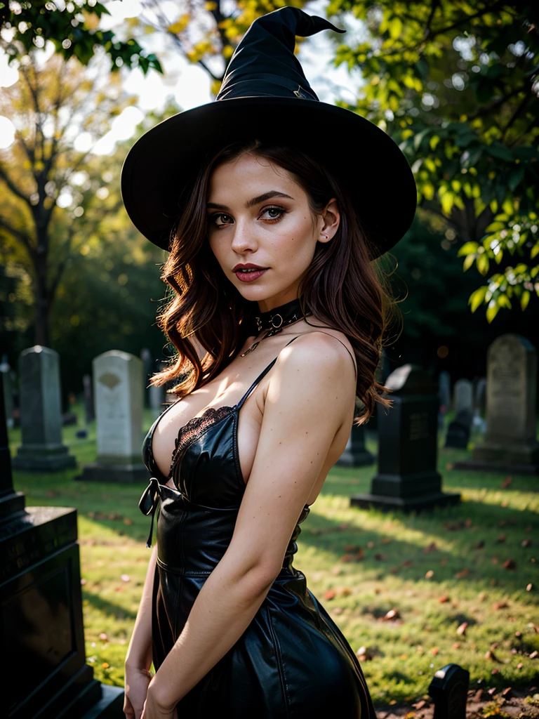 sexy witch, posing in a cemetery, looking at the viewer, gloomy light passing through her hair, gloomy lighting, gothic style, witches' sabbath, depth of field, bokeh