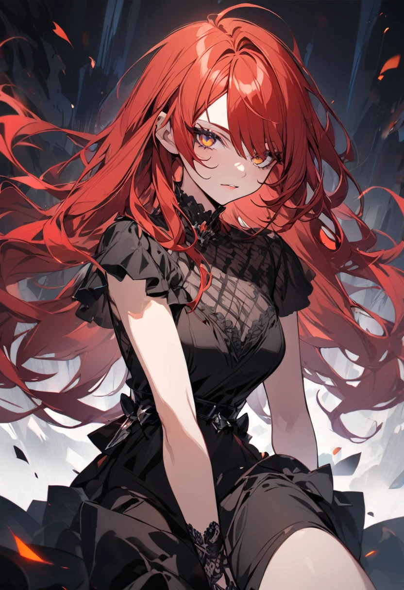 redhead in a black dress with a striking look