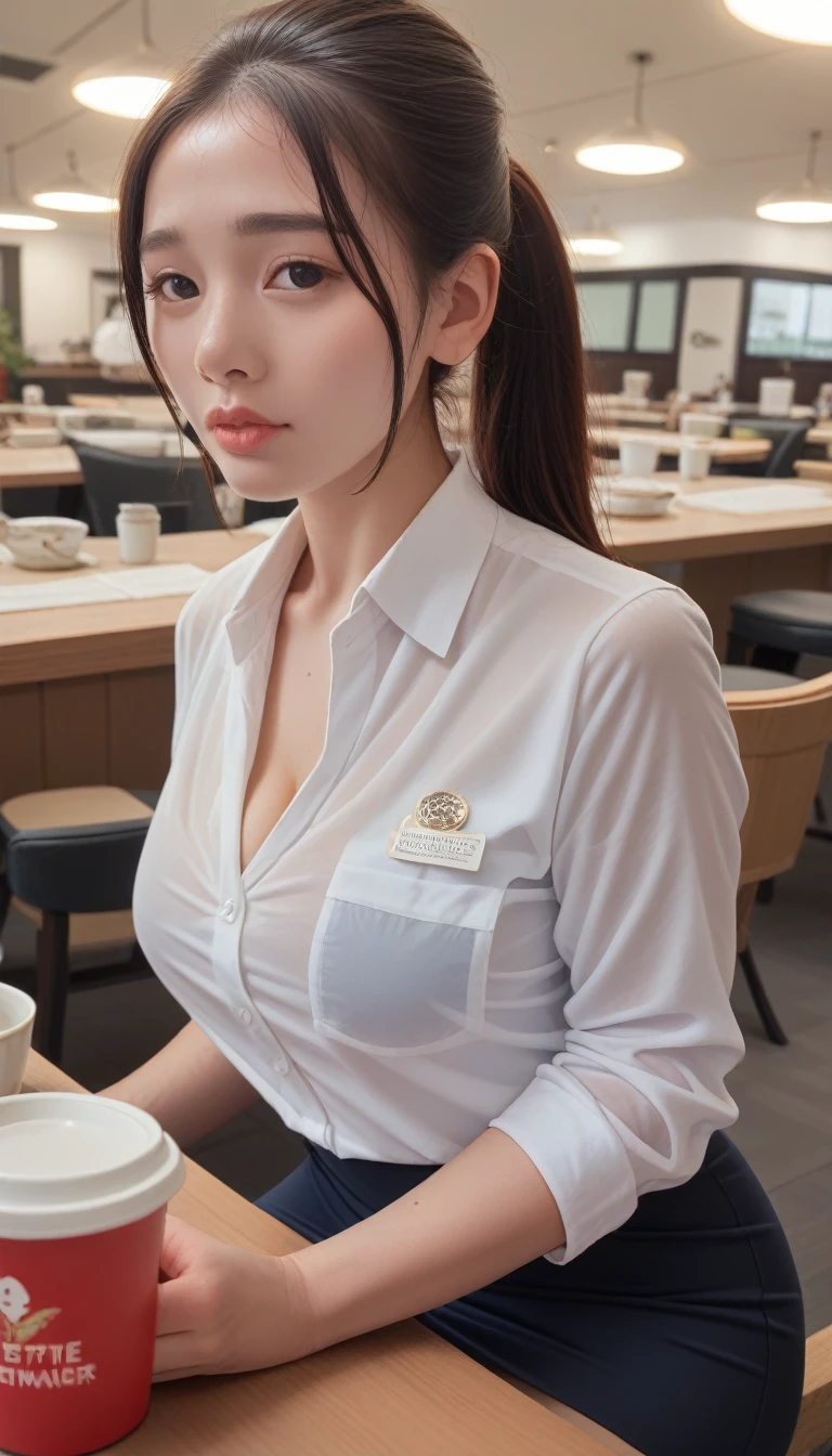 score_9_up, score_8_up, score_7_up, score_6_up,(perspective) A beautiful sexy brunette woman，The perfect 23 year old secretary，Straight Hair，Ponytail，Oily and silky white skin (Wet) Fleshy lips, (photoPractical:photoPractical, 8k Masterpiece), Big  in tight white shirt (Highlight the chest), Sitting at a restaurant table，Cup of coffee in hand (hyperPractical: Practical, Complex environment details),  With a sexy expression on his face: (Texture and environment professional photography pure perfect lighting).