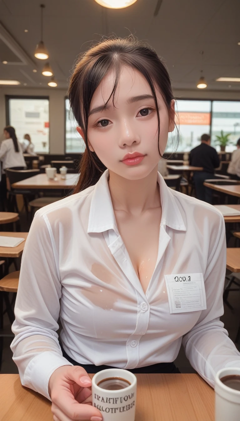 score_9_up, score_8_up, score_7_up, score_6_up,(perspective) A beautiful sexy brunette woman，The perfect 23 year old secretary，Straight Hair，Ponytail，Oily and silky white skin (Wet) Fleshy lips, (photoPractical:photoPractical, 8k Masterpiece), Big  in tight white shirt (Highlight the chest), Sitting at a restaurant table，Cup of coffee in hand (hyperPractical: Practical, Complex environment details),  With a sexy expression on his face: (Texture and environment professional photography pure perfect lighting).