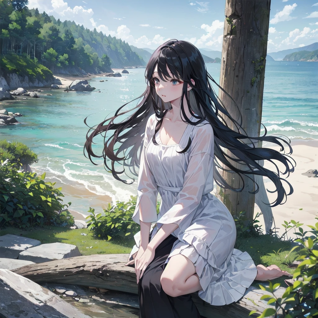 (Highest quality、masterpiece、High resolution、8k)、Vibrant colors、1 female、Long black hair、whole body、barefoot、thin、(Detailed face、Beautiful Eyes、Beautiful Nose、Pretty lips)、A woman in a white dress jumps high、Official Art、The background is the sea、blue sky、Wide sandy beach、Wide forest、