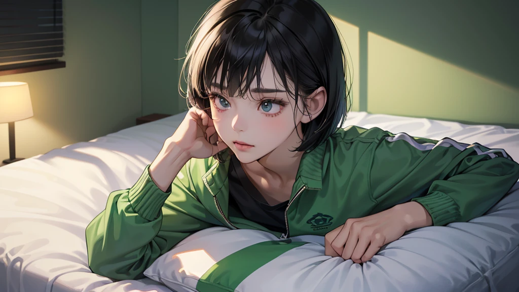 (perfect anatomy:1.2)(absurdres, highres, ultra detailed),masterpiece,best quality,high resolution,8k,Realistic face,Realistic skin texture,magnified textures, stunning clarity,detailed anime girl,(ultra detailed eyes and face),(1 girl:1.5)21years old,she is office worker,,black hair, bob cut, No-makeup look,,green school track jacket and green track pants,white t-thirt,(The chest is visible)(Lying on her bed on back down,look,sleepy eyes,small nose,roundface,Women's Apartments in suburb,(faint light),(darkness),(midnight),,(sleepy),(happy)upper body,Foliage plant,turn off the lamp,The expression of love