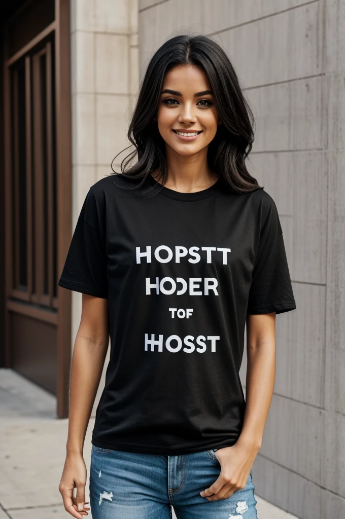 A shirt with the word HOST printed large and long on the front, black t-shirt, new modern lettering on the front