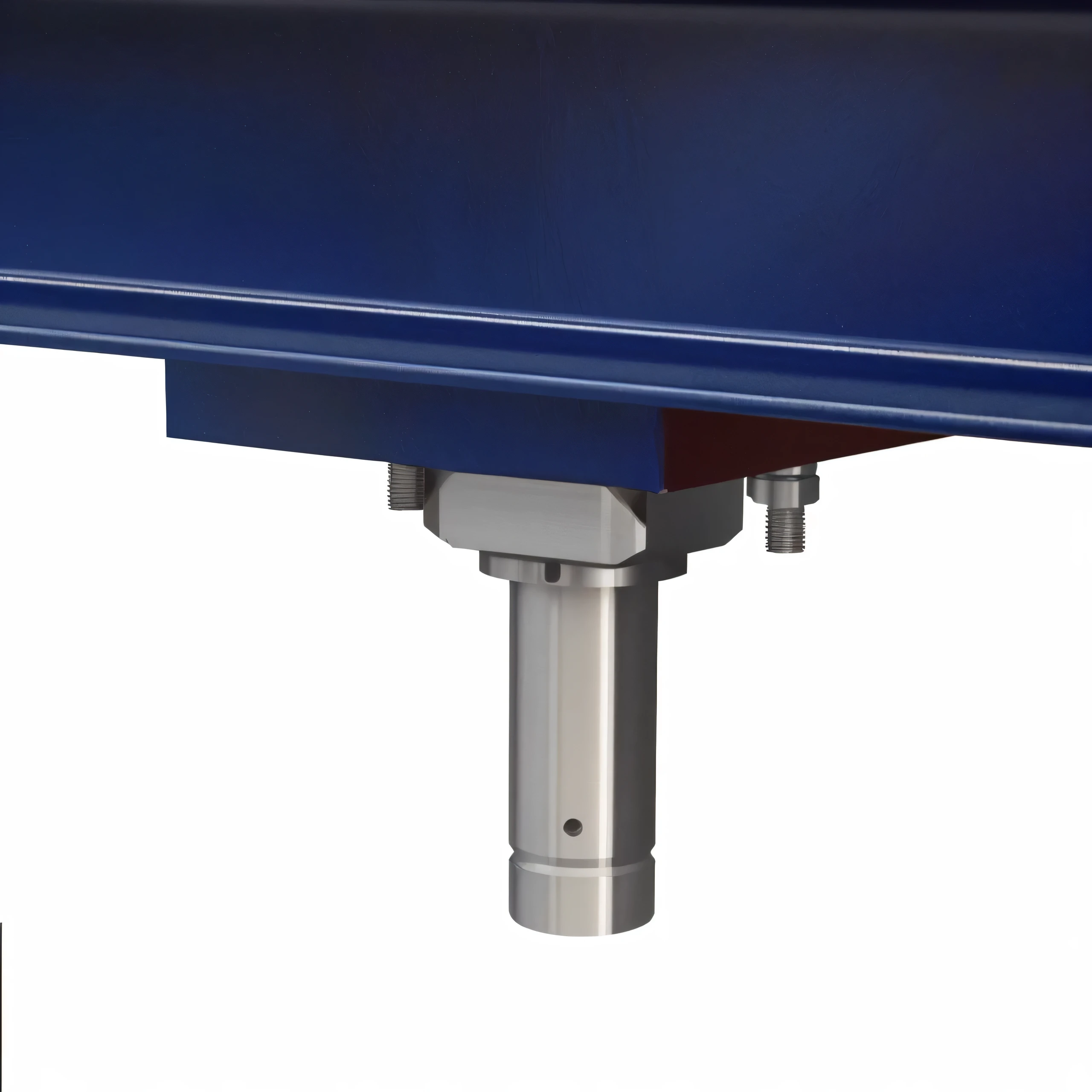 close up of a blue table with a metal base, High angle close up shot, High resolution details, Detailed enlargement of photo, high detail product photo, close up, close up view, close-up product photo, Hydraulic characteristics, Clear detailed view, technical, highly technical, profile close up view, product photo, steel joint, technical detail，High Definition Rendering
