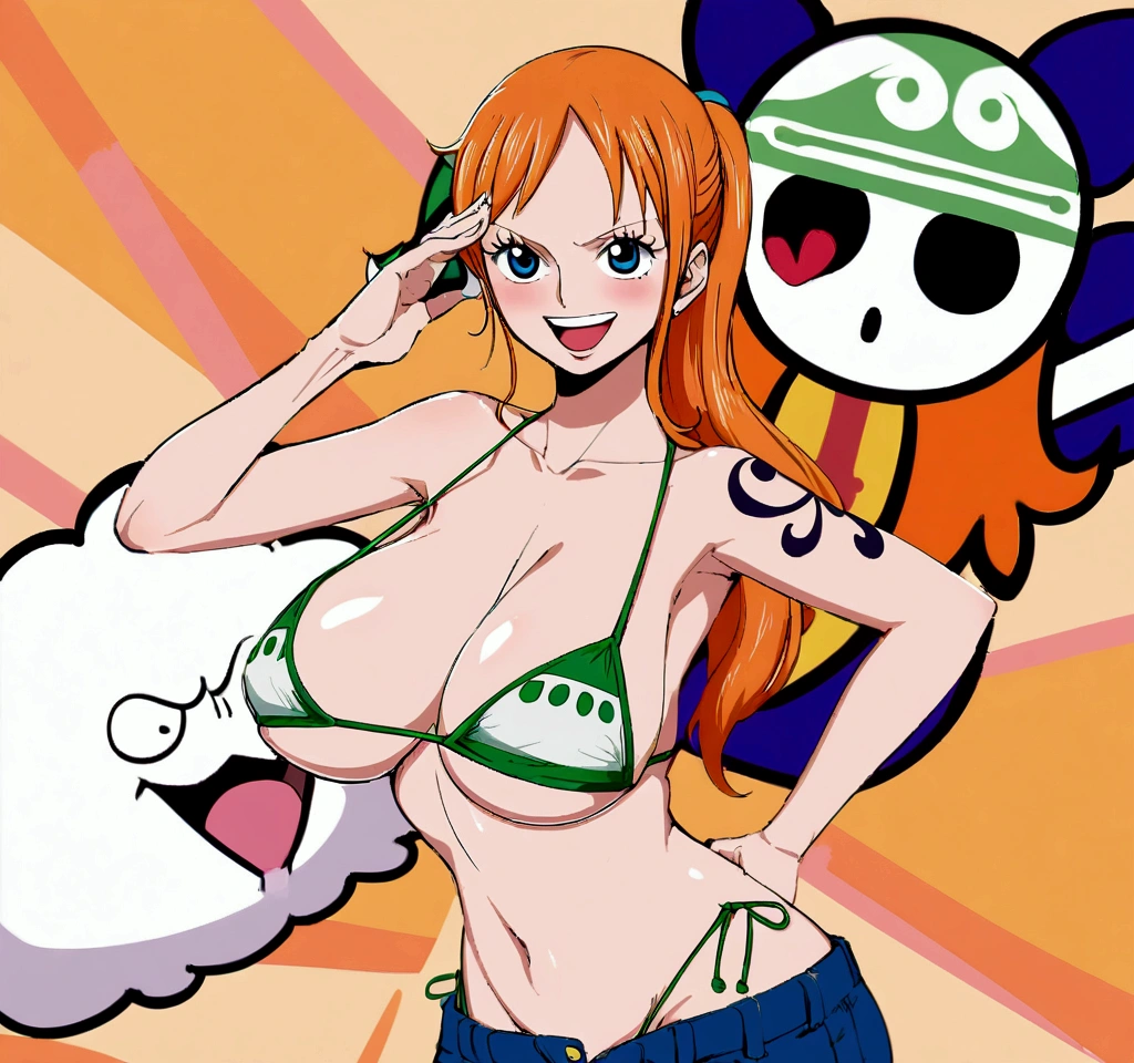 a cartoon picture of a woman in a bikini top and jeans, nami one piece, nami from one piece, nami, beautiful portrait of nami, from one piece, oppai, blue eyes, smoking, ponytail, nsfw