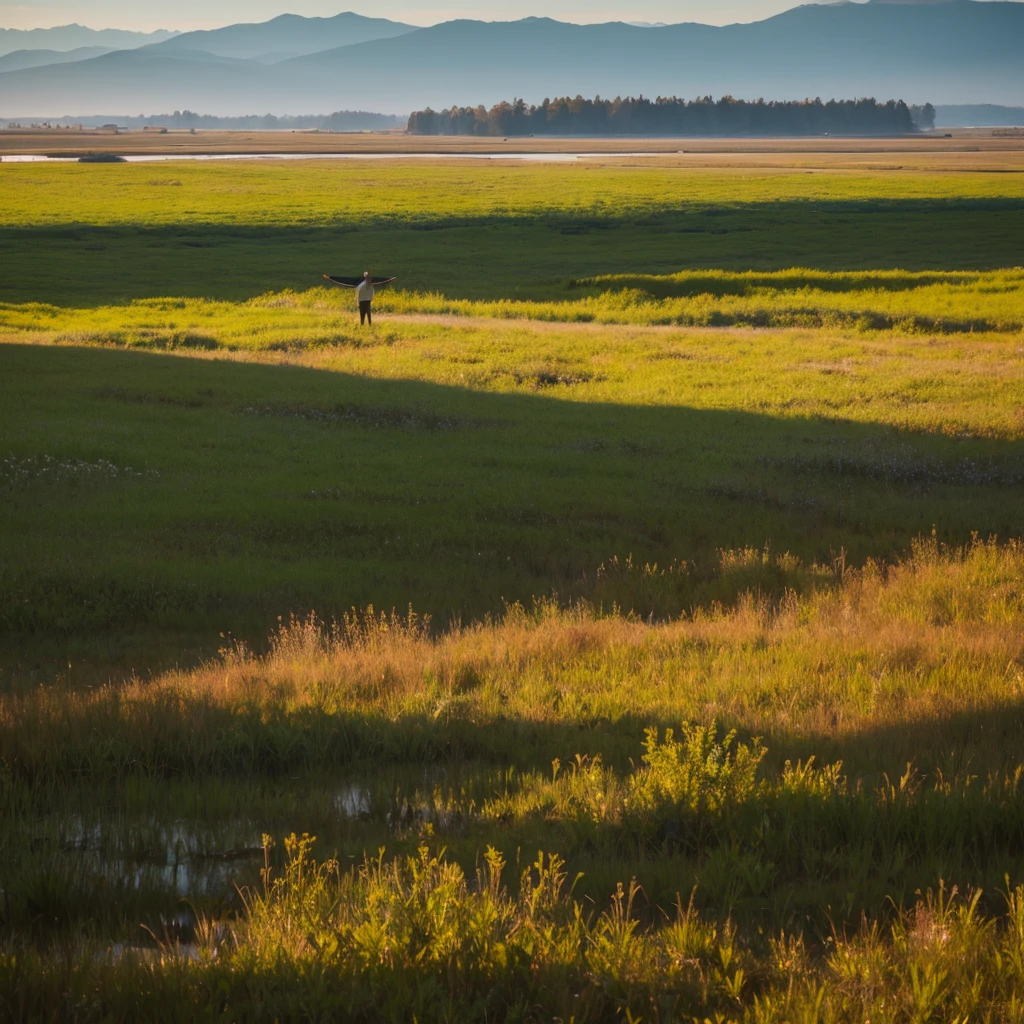 Plains Marsh，A man standing in the middle，Back，Open your arms，Decorative paintings