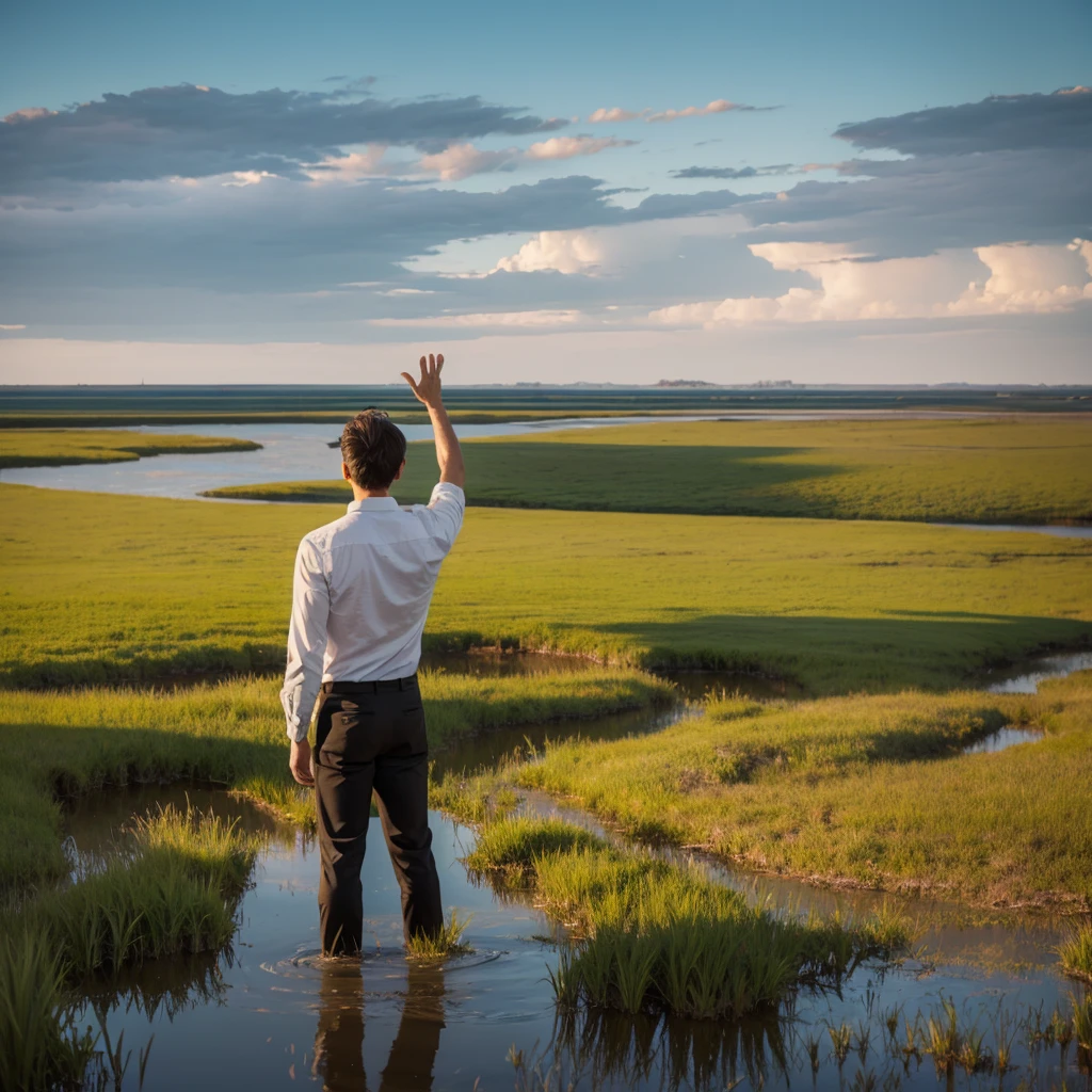 Plains Marsh，A man standing in the middle，Back，Open your arms，Decorative paintings