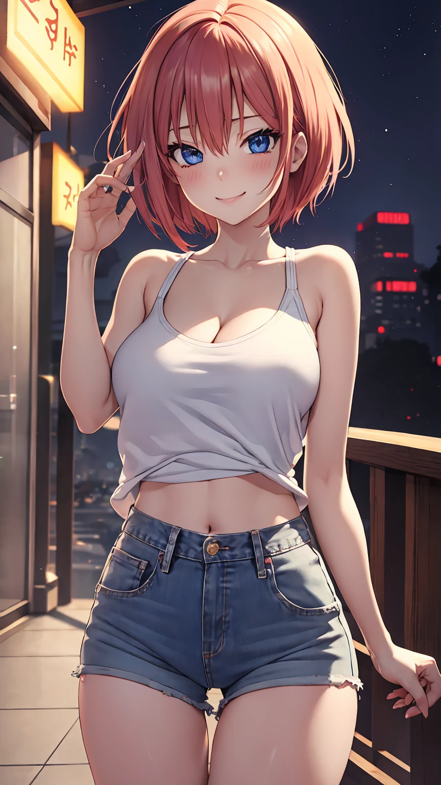 [nakano ichika, pink hair, short hair, cardigan around waist], 1girl, anime girl, anime, girl, 2d girl, 16y, (fullbody), blue eyes, seductive smile, blush, cleavage, Solo, Slim, Big breasts, large Breasts, sfw, cowboy shot, Tight Shorts, low waist shorts, upshorts, outdoors, night background, looking at viewer, darker shadows, (((shorts))), (((thigh gap))), (((lowleg shorts))),
