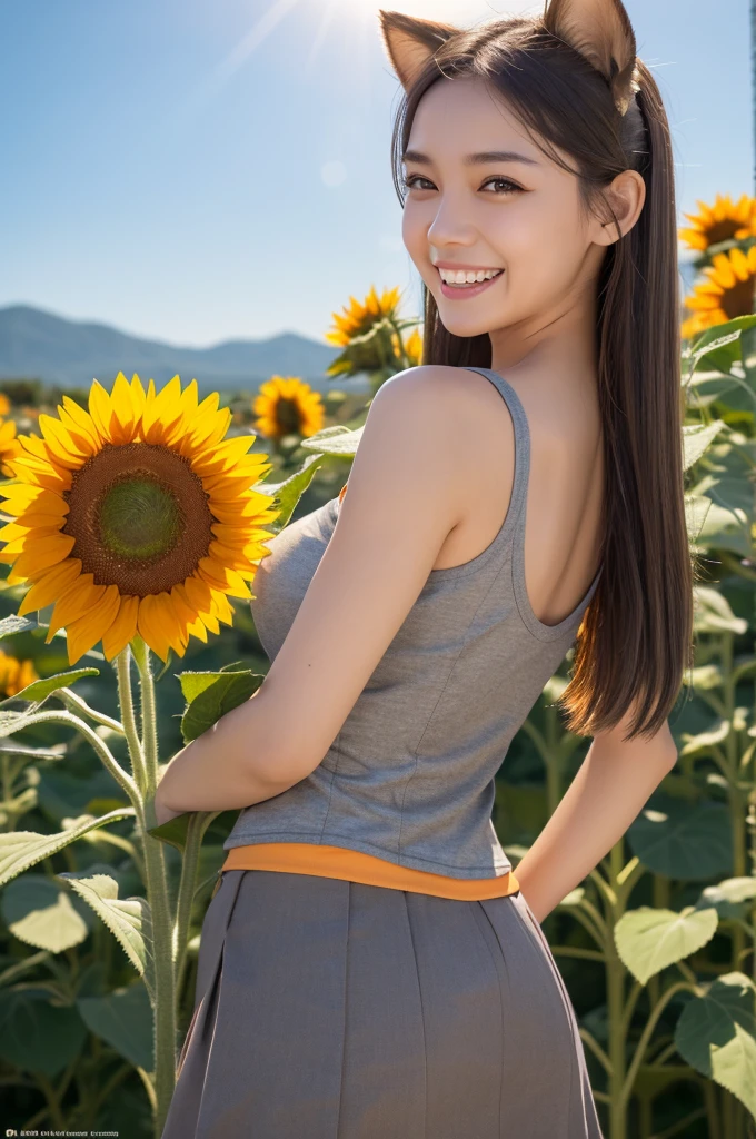 (In 8K, best quality, muste piece:1.2)、ultra high resolution,1 female 、ultra-detailed face,detailed eyes,open mouth,laughing, one lady, brown skin, from side, gray fox ears, green eyes, hold a sunflower, gray sleeveless shirt, gray tight skirt, orange corset, backlighting,