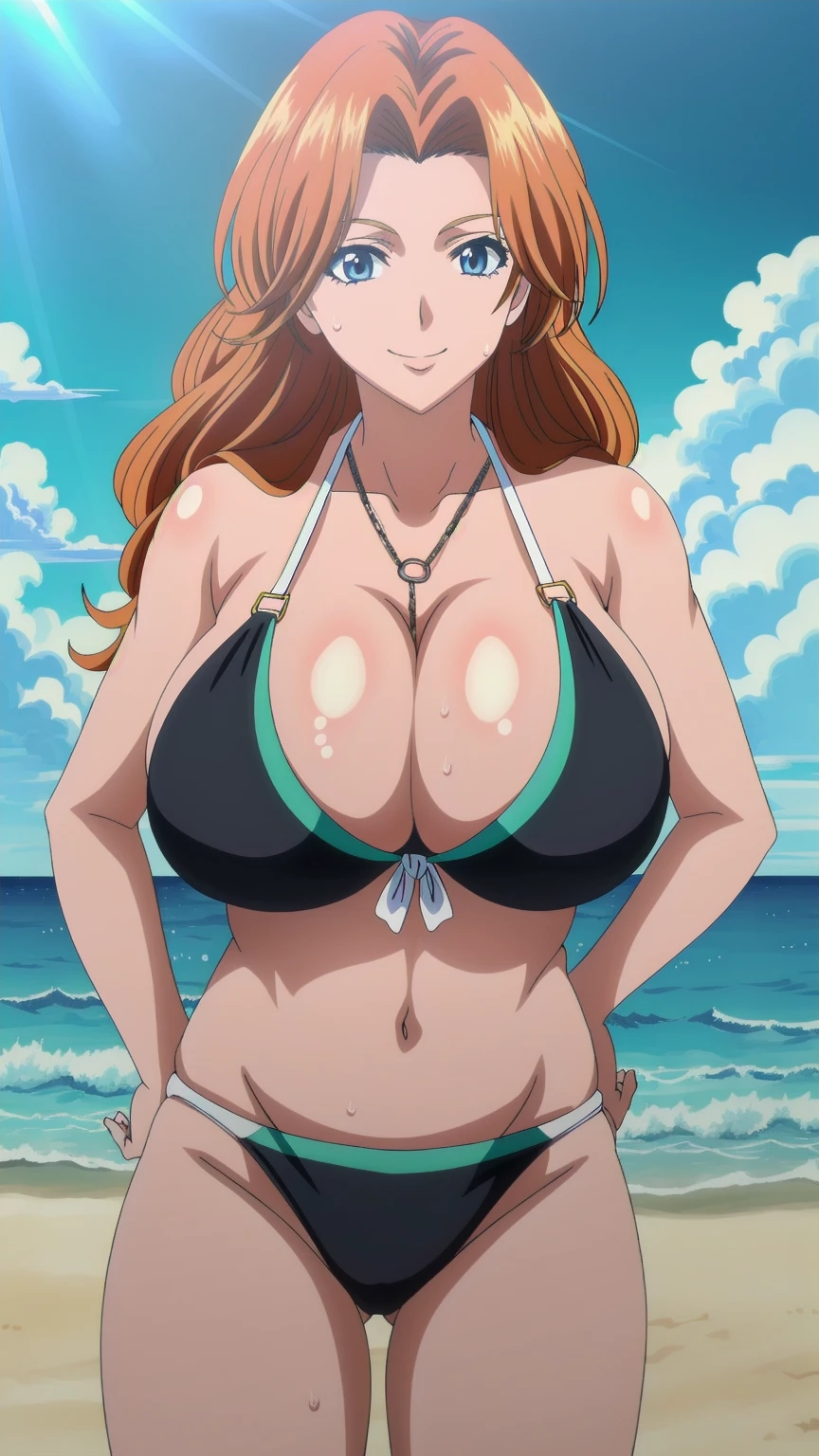 (ultra realistic,32k, masterpiece:1.2),(high detailed skin:1.1),( high quality:1.1),  Rangiku Matsumoto, matsumoto rangiku, 1girl, breasts, solo, long hair,orange hair,looking at viewer, large breasts,standing,huge breasts, smile,(ambient lighting:1.1), (soft shaded:1.1), looking at the viewer, blue theme, blue background, cloudy sky, sunlight, sweat, orgasmic, bikini swimsuit, large breasts, cleavage, belly button exposed, collarbone, thighs, sea and beach,