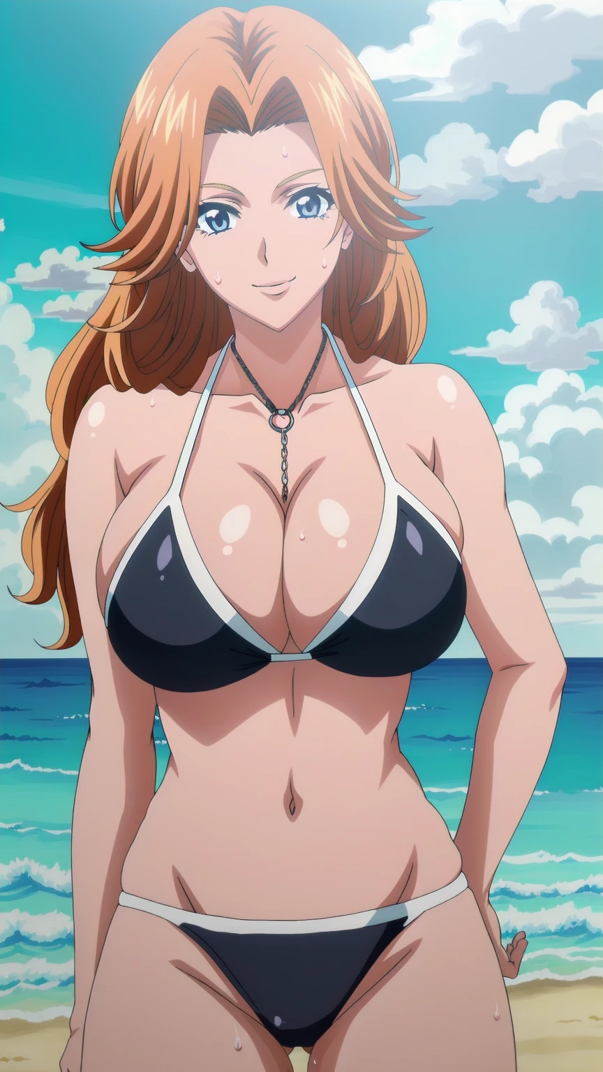 (ultra realistic,32k, masterpiece:1.2),(high detailed skin:1.1),( high quality:1.1),  Rangiku Matsumoto, matsumoto rangiku, 1girl, breasts, solo, long hair,orange hair,looking at viewer, large breasts,standing,huge breasts, smile,(ambient lighting:1.1), (soft shaded:1.1), looking at the viewer, blue theme, blue background, cloudy sky, sunlight, sweat, orgasmic, bikini swimsuit, large breasts, cleavage, belly button exposed, collarbone, thighs, sea and beach,