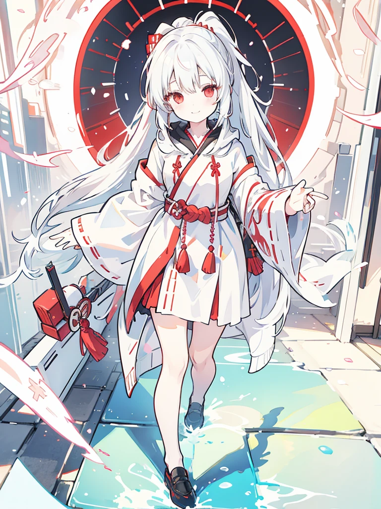 Girl, white hair, ponytail, red eyes, shrine maiden, uniform, hoodie, cute, smile, big smile, big face