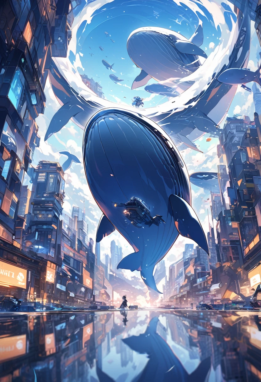 A whale flying over a futuristic city。The body of a whale has mechanical elements.、Reflections of the city's neon lights。Skyscrapers and holographic advertisements spread out in the background.、A futuristic urban landscape unfolds。