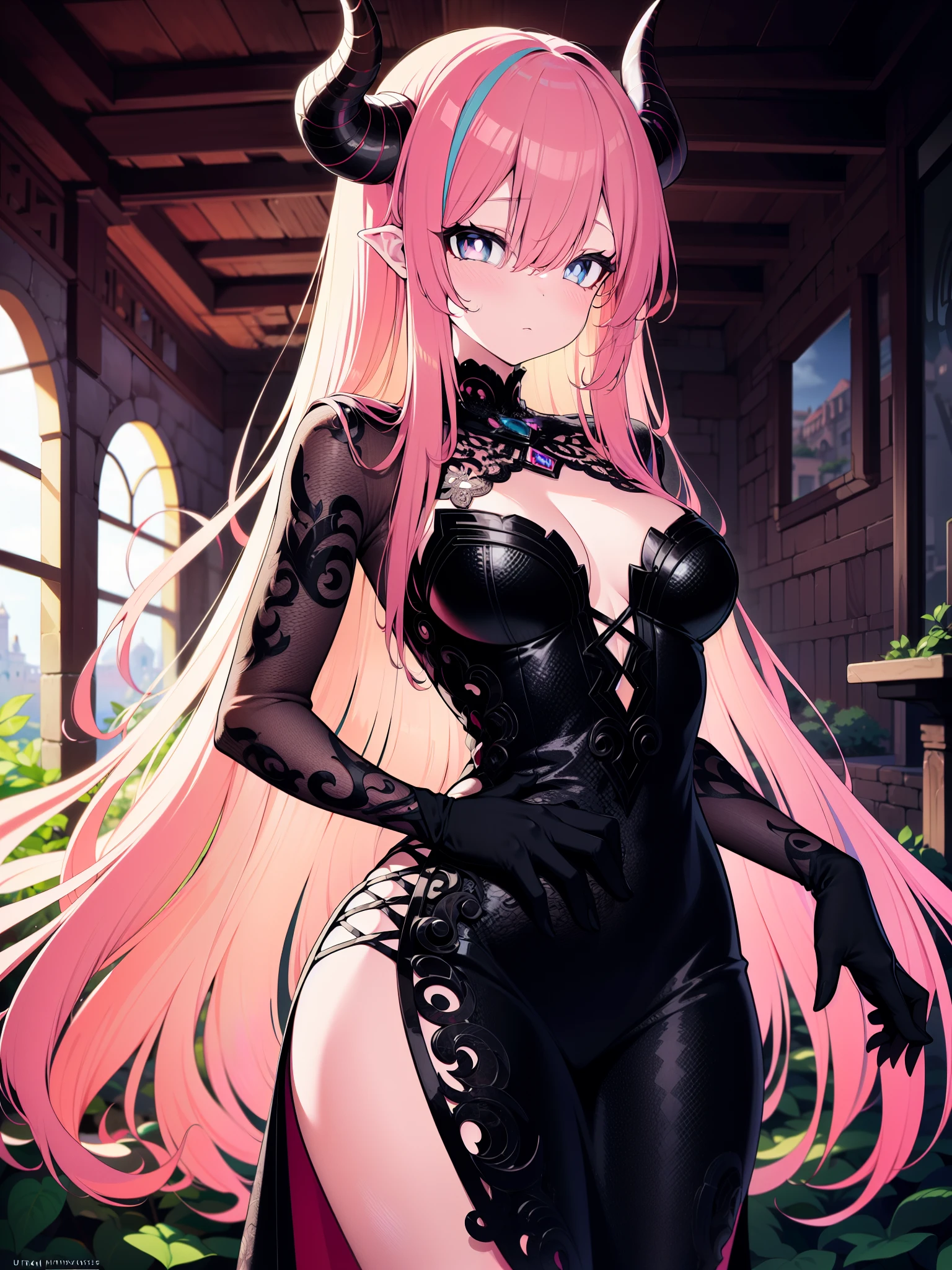 (cowboy shot), colorful, (best quality, ultra-high resolution, depth of field:1.2), (beautiful face), 1woman, (pink hair), long hair, purple streaked hair, curved horns, hazel eyes, (different color pupil in eye:1.1), (detailed deep eyes), (small breasts), slight cleavage, wide hips, (detailed fantasy dress with highlights:1.3), lace, black collar, tattoo, (expressionless), (abandoned castle ruins covered by foliage on the background:1.1), ruins