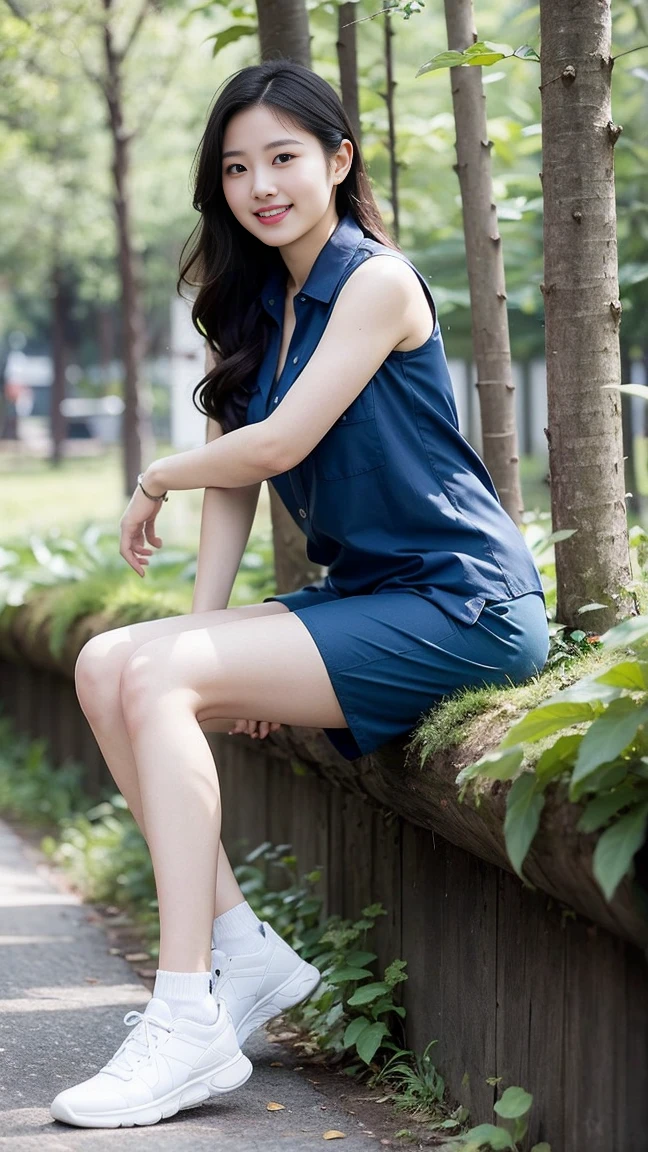 masterpiece, best quality, Surreal, Ultra Detailed, 8K resolution, RAW photos, Clear focus, (A girl in the forest), ((navy blue shirt:1.1)), sleeveless, Long sweatpants,Full body posture, Solitary, Perfect body, Become a, 36 inches in the chest,(a charming smile:1), (sexy pose)，26 years old, light,White shoes,