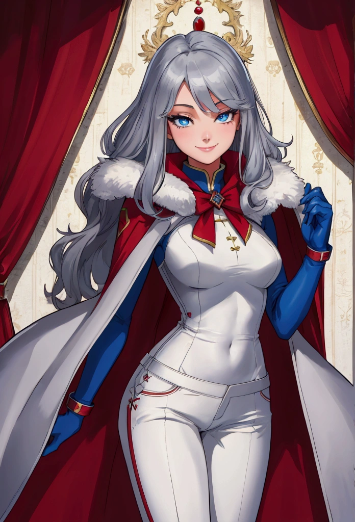 colorful,(masterpiece:1,2), Highest quality, masterpiece, High resolution, original, Highly detailed wallpaper, One girl ,smile,alone, Grey Hair, blue eyes, original_Costume,Red Cape,White pants, gloves, chest, uniform, large chest