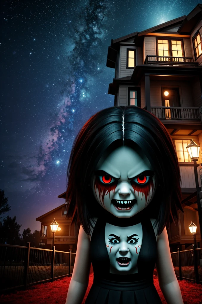 Create a roblox gfx artwork a girl with a horror face chased by a horror mikie space a scary house