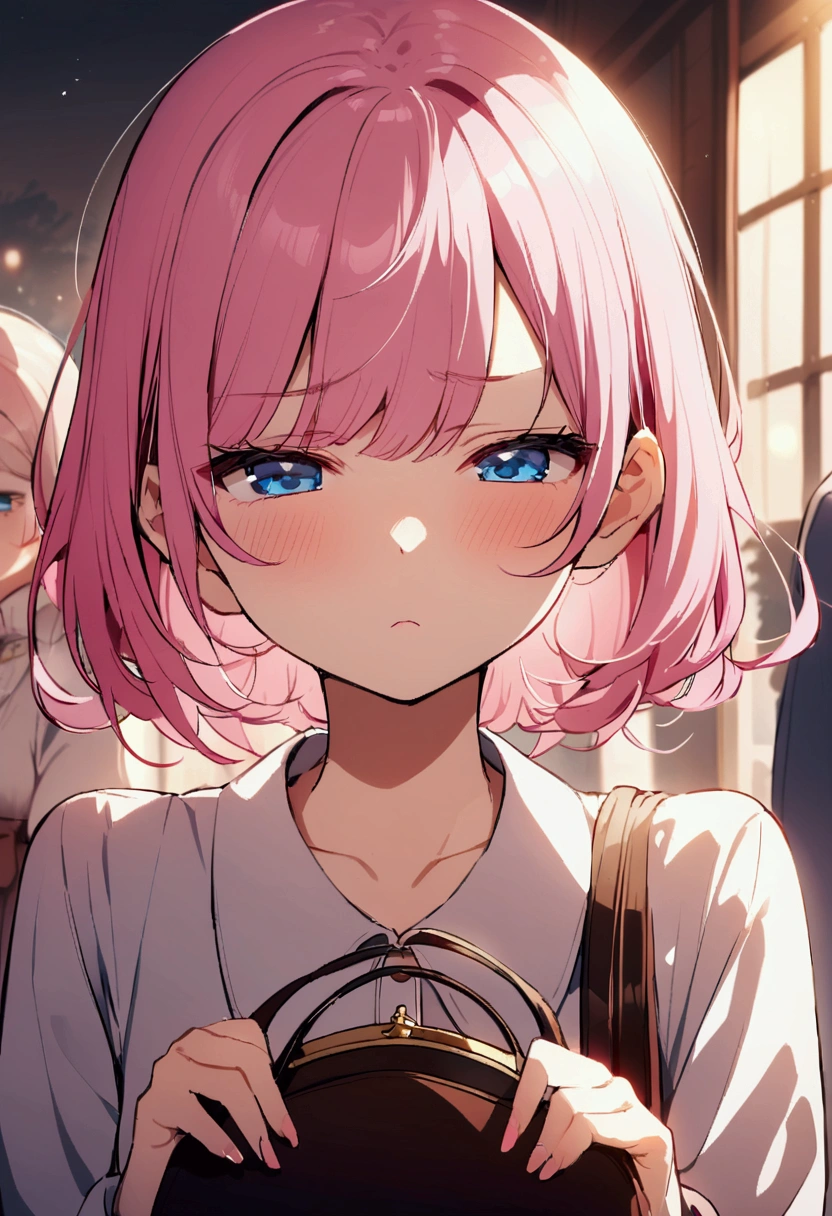 sour、sour、sour、sour、sour、sour、Girl with pink hair、blue eyes、Purse your mouth、Frowning、Close your eyes tightly