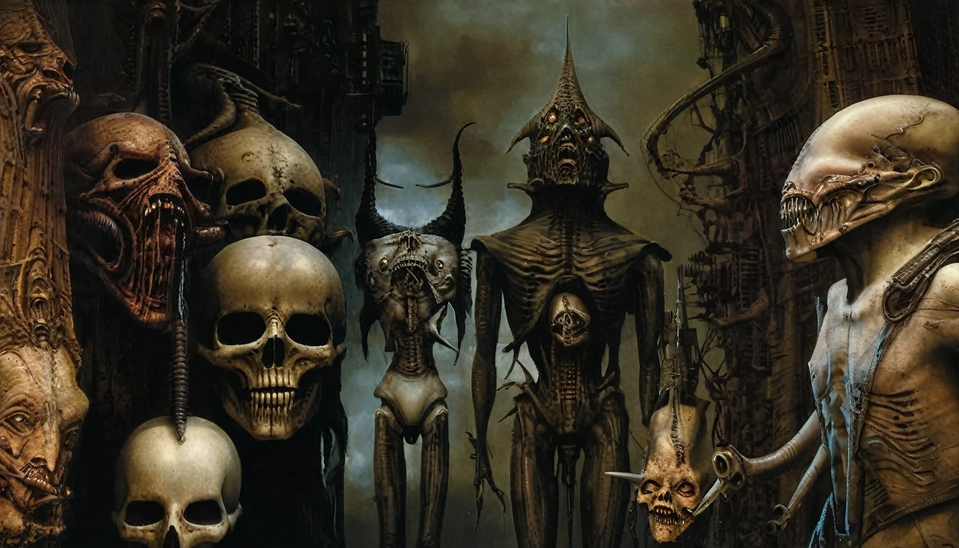 in (medium full shot:3.1) of lot of characters from a movie for slave girls from beyond infinity, inspired by Zdzislaw Beksinski and Hans Bellmer, futuristic apocalypse, stalenhag, metal album cover, gwar, heavy metal band promo, wayne barlowe pierre pellegrini, (with Creepy, Sci-Fi, Fantasy and Horror:2.9) retro sci fi, Horror movie, very detailed body, moody, epic, directed by Ridley Scott (Cinematic:3.1), horror movie, horrified, terrified, insane, disgusting, disturbing, Impactful, cgsociety, hyper-detailed, digital illusions, cyberspace, photorealistic, arts visuals. Ultra detailed, RAW photo, artstation style, concept art, (masterpiece:2.9), 8k, realistic textures, (3D rendering:3.1)