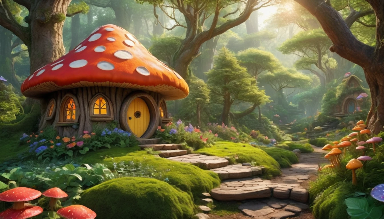 (Mysterious fantasy forest, dense trees, a cute and strange little tree:1.5), A hobbit cabin vividly depicted (best quality, 8K, advanced resolution, masterpiece:1.2) with ultra-detailed realism (1.4x realism, photorealistic: 1.37). This fantasy forest, surrounded by lush greenery and colorful flowers, is bathed in warm sunlight, creating a cheerful and whimsical atmosphere. The cabin, resembling a mushroom-shaped house, features intricate design and unique architecture. The artwork showcases an illustrative style inspired by children's book illustrations, with a vibrant rainbow color palette evoking joy and playfulness. Soft, warm lighting adds depth and warmth, making every detail impeccably presented. This visually stunning masterpiece captures the essence of a magical fantasy forest deep in the heart of a dense woodland.