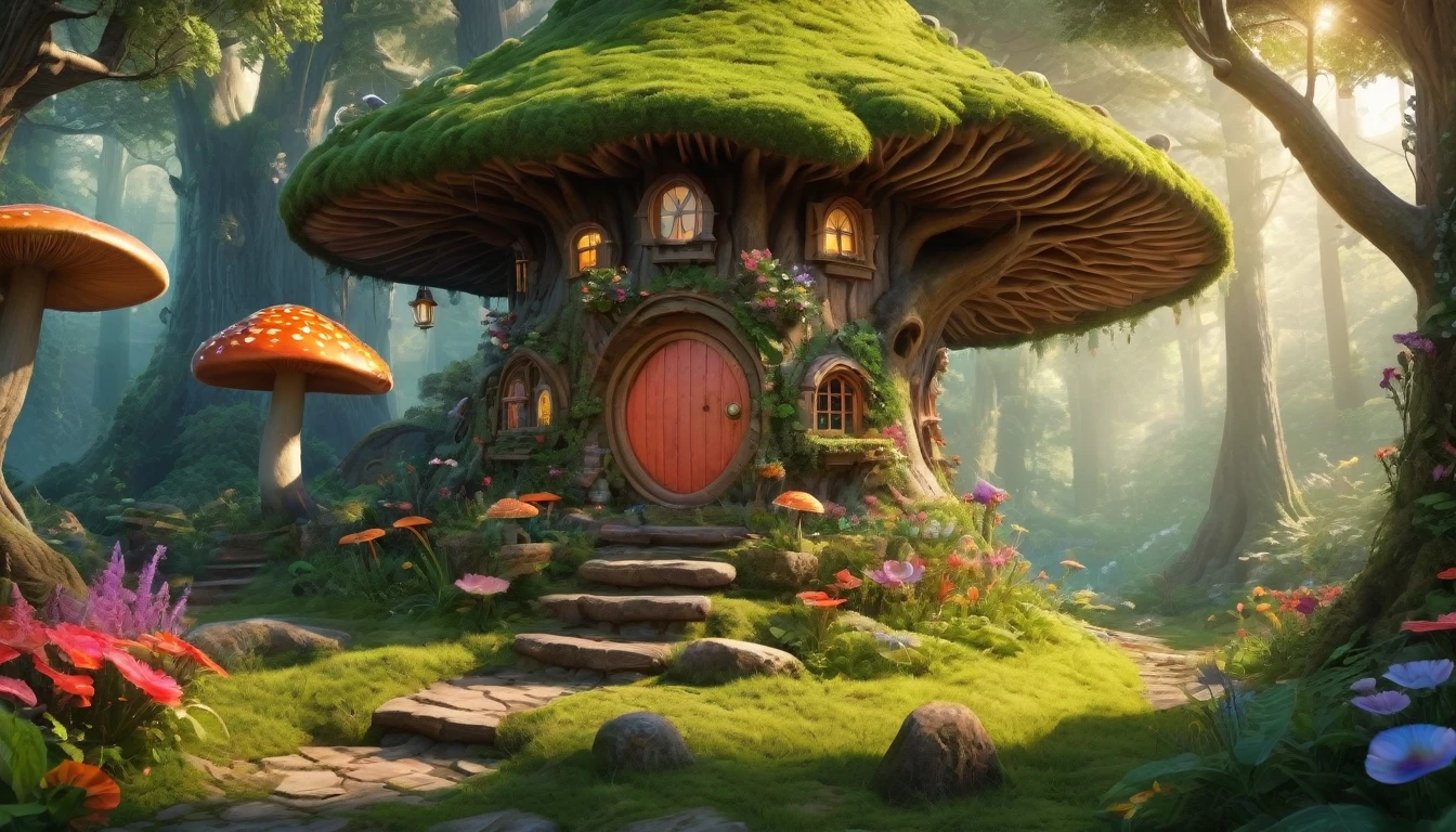 (Mysterious fantasy forest, dense trees, a cute and strange little tree:1.5), A hobbit cabin vividly depicted (best quality, 8K, advanced resolution, masterpiece:1.2) with ultra-detailed realism (1.4x realism, photorealistic: 1.37). This fantasy forest, surrounded by lush greenery and colorful flowers, is bathed in warm sunlight, creating a cheerful and whimsical atmosphere. The cabin, resembling a mushroom-shaped house, features intricate design and unique architecture. The artwork showcases an illustrative style inspired by children's book illustrations, with a vibrant rainbow color palette evoking joy and playfulness. Soft, warm lighting adds depth and warmth, making every detail impeccably presented. This visually stunning masterpiece captures the essence of a magical fantasy forest deep in the heart of a dense woodland.