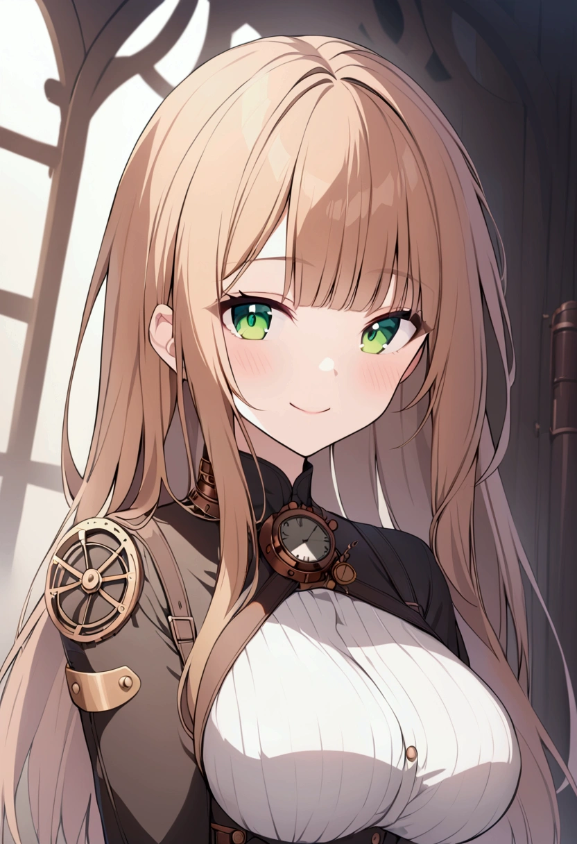 slender, mature female, steampunk, 1girl, long_hair, breasts, green_eyes, smile, looking_at_viewer, orange_hair, bodysuit, solo, large_breasts, upper_body, blurry, medium_breasts, bangs, closed_mouth, depth_of_field, eyebrows_visible_through_hair, blush, brown_hair, hair_down,