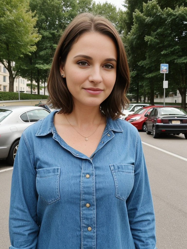 Madeline Lewis, 1girl, solo, (((consistent face and image))), ((brunette hair)), ((cranky hair)), ((40 years old chubby)), realistic, photorealistic, ((short hair)), (((Caucasian mature woman))), (Swiss woman), (Swiss nose), (Swiss thick lips), ((chubby)), posing outside the Iconic parking lot of France, smirking, standing, wearing In style in trend Generation-Z modern wear different colored, showing small uncanny teeth
