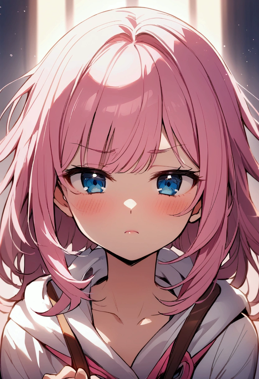 sour、sour、sour、sour、sour、sour、Girl with pink hair、blue eyes、Purse your mouth、Frowning、Close your eyes tightly