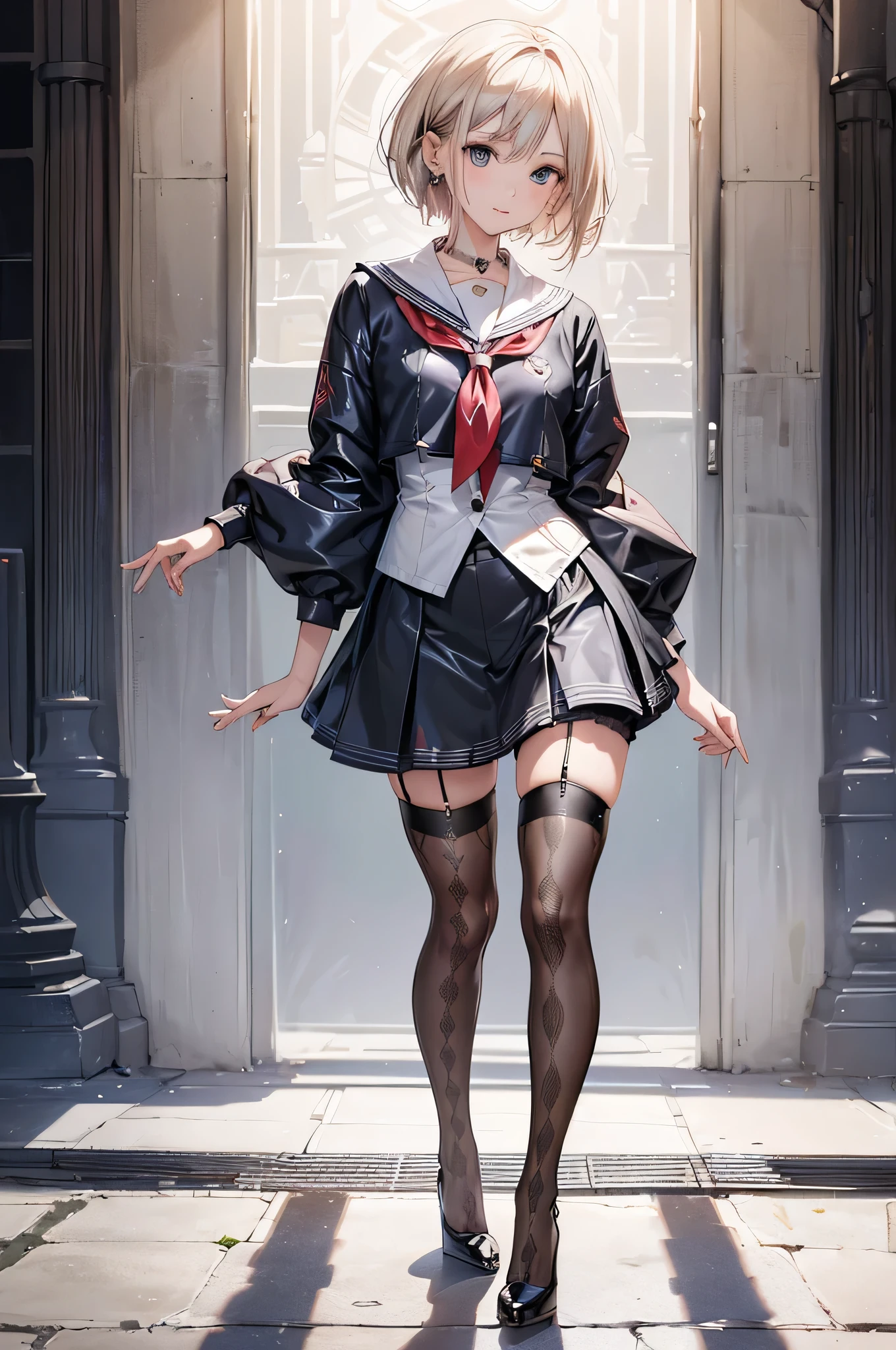 ((Biologically correct limb count)),(( From head to toe,Full-body photo including face)),4K,((Standing position)),masterpiece,((Focus on the face)),((Symmetrical facial features)),Eyes with detailed description,Beautiful woman,Great style,Beautiful arms,Beautiful legs,Beautiful Hands,(Small Ass,Thin thighs),Facial detailing,Small earrings,necklace,(Latex sailor suit,mini skirt((High heels,Patterned stockings))),((Waiting for someone to meet up)),Silk gloves,Realistic photo,Short Hair,Stand at an angle