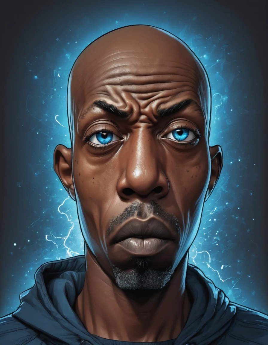 breathtaking vector cartoon illustration of shawt a black man Anastomosing, Electric Blue, galactic, Ivan Albright, Sick, mean expression, twinkling eyes, and a bald head