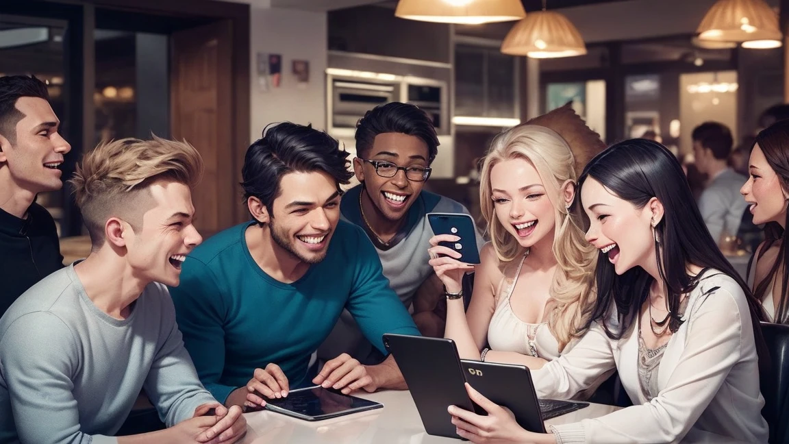 A vibrant scene of monkeys, aliens, and a group of humans, male and female, enjoying social media. While looking at their phones, a variety of emotions are expressed: some are angry, some are making money, and some are laughing. The background is pure white.