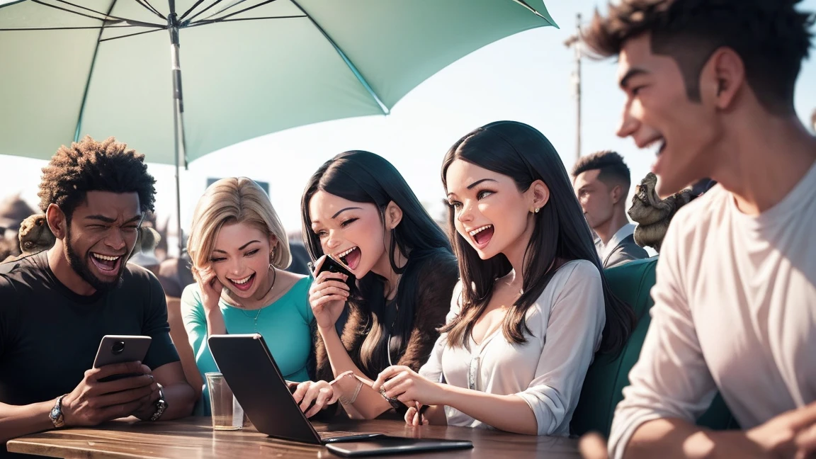 A vibrant scene of monkeys, aliens, and a group of humans, male and female, enjoying social media. While looking at their phones, a variety of emotions are expressed: some are angry, some are making money, and some are laughing. The background is pure white.