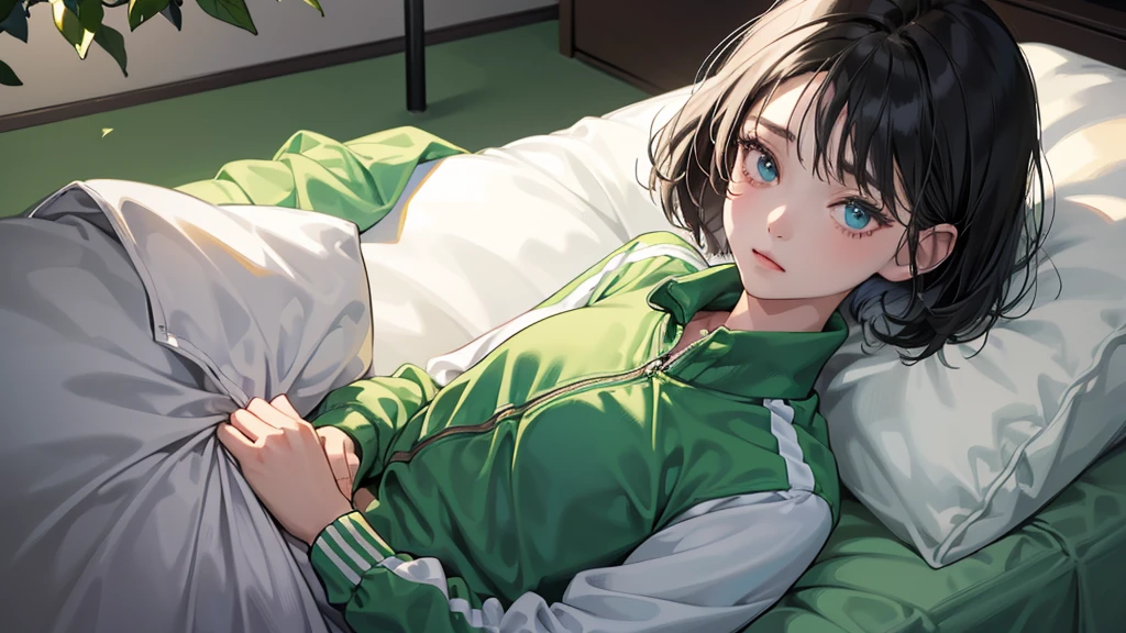 (perfect anatomy:1.2)(absurdres, highres, ultra detailed),masterpiece,best quality,high resolution,8k,Realistic face,Realistic skin texture,magnified textures, stunning clarity,detailed anime girl,(ultra detailed eyes and face),(1 girl:1.5)21years old,she is office worker,,black hair, bob cut, No-makeup look,,green school track jacket and green track pants,white t-thirt,(The chest is visible)(Lying on her bed on back down,look,sleepy eyes,small nose,roundface,Women's Apartments in suburb,(faint light),(darkness),(midnight),,(sleepy),(happy)upper body,Foliage plant,turn off the lamp,The expression of love