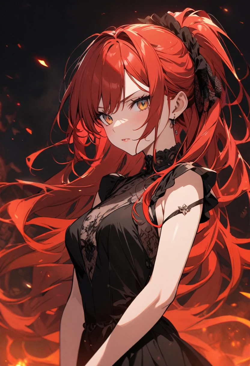 redhead in a black dress with a striking look