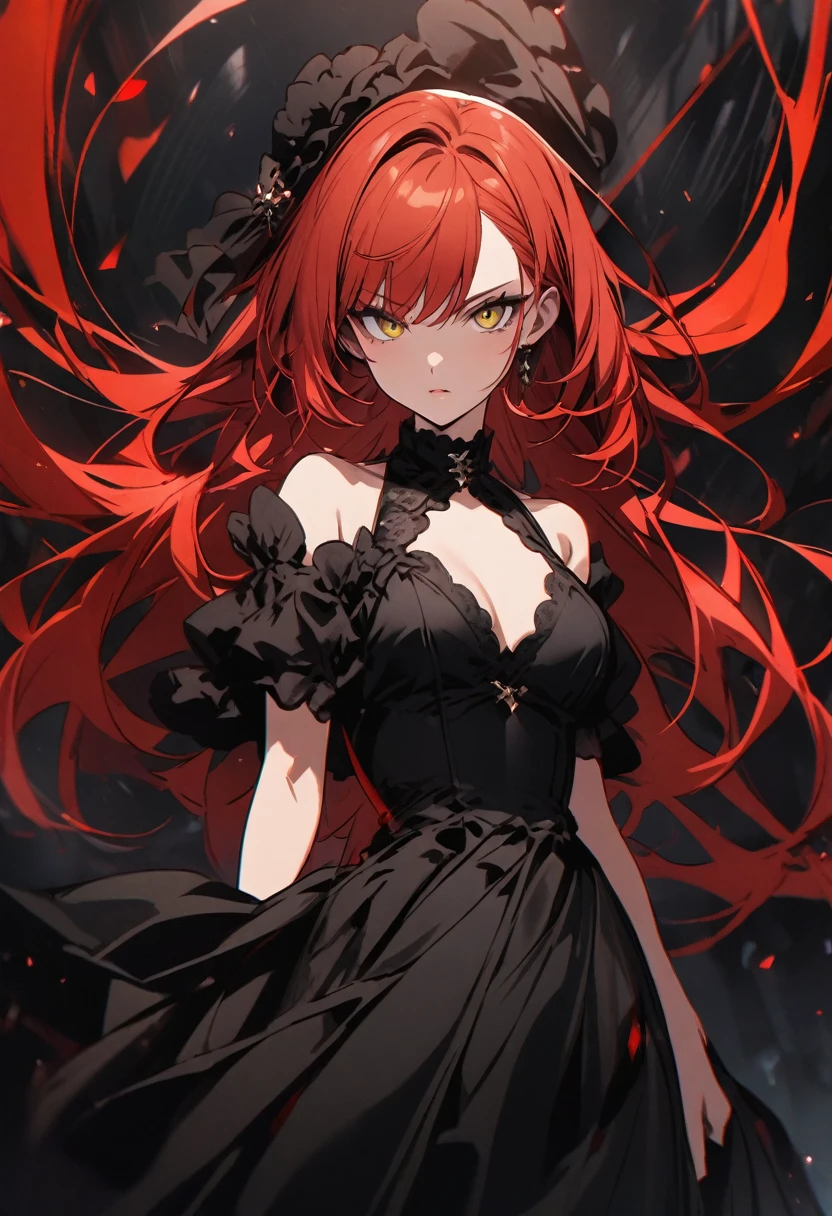 redhead in a black dress with a striking look