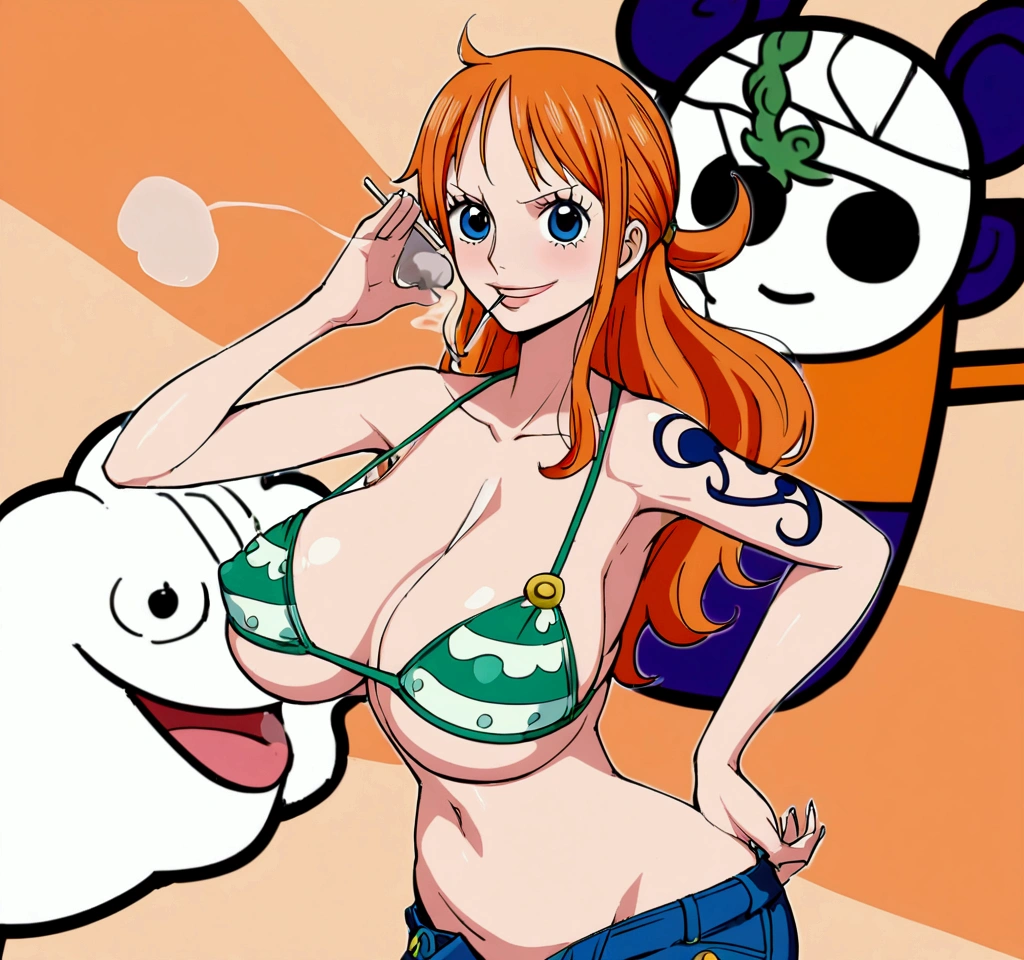 a cartoon picture of a woman in a bikini top and jeans, nami one piece, nami from one piece, nami, beautiful portrait of nami, from one piece, oppai, blue eyes, smoking, ponytail, nsfw