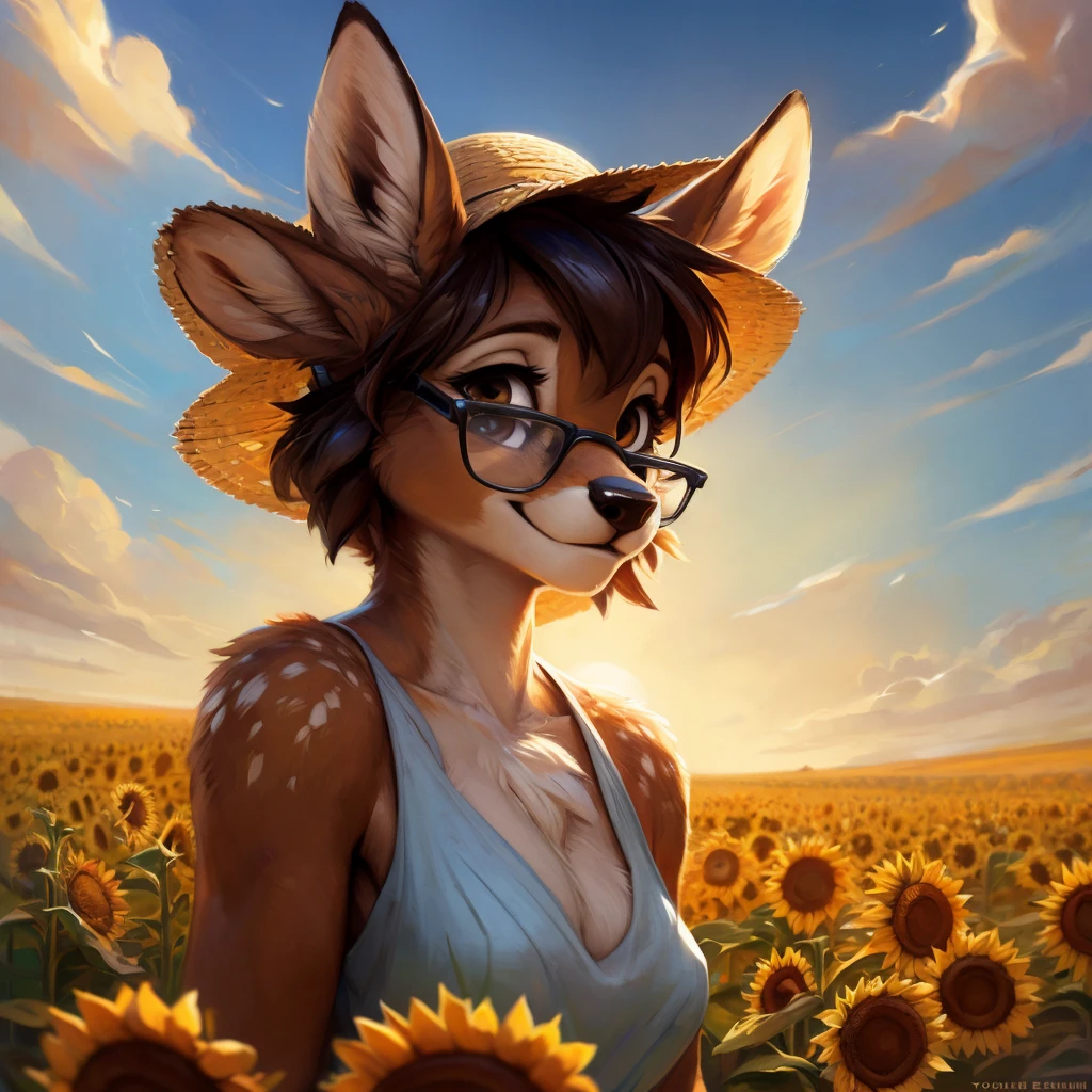 uploaded on e621, by Pixelsketcher, by Bayard Wu, by Thomas Benjamin Kennington , by Einshelm, by hioshiru and kenket, Chunie, portrait, solo anthro female deer doe, with small featureless breasts, clear dark blue, cinematic lighting, day, sunny day, sunflower field, stands in a high sunflower field, sunflower field background, sunflowers, mediterranean background, horizon background, shiny, chin short curly dark brown hair, wears big black nerd glasses, very very beautiful furry art, furry art, smiling, joyful, shiny, happy, feminine, cute face, muzzle, fluffy chest, flawless face, Fallow deer, 1girl, Sakimichan is beautiful, Masterpiece, Wavethesallow Face, shiny, Detailed image, portrait, Detailed image, portrait, full body, wearing pure white and wide spaghetti straps dress, wearing big and wide beige summer straw hat, shiny, realistic face, perfect anatomy, hourglass body, (furry body:1.1), anthropomorphic deer, looks at the viewer, small fluffy tail, detailed background, (cute anatomy:1.1)

